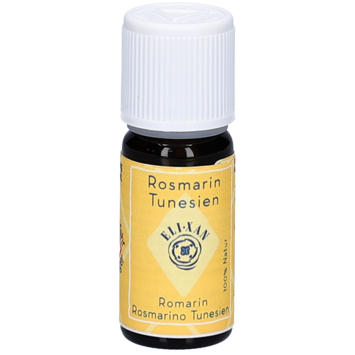 Flacon en verre brun avec bouchon blanc. Étiquette jaune avec texte: Rosmarin Tunesien, ELIXAN, 100% Natur. Croix suisse.