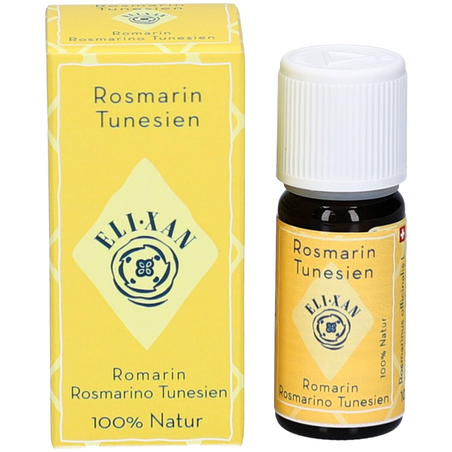Flacon en verre brun et boîte jaune. Flacon: bouchon blanc, étiquette jaune. Boîte: jaune, texte: Rosmarin Tunesien, ELIXAN, 100% Natur.