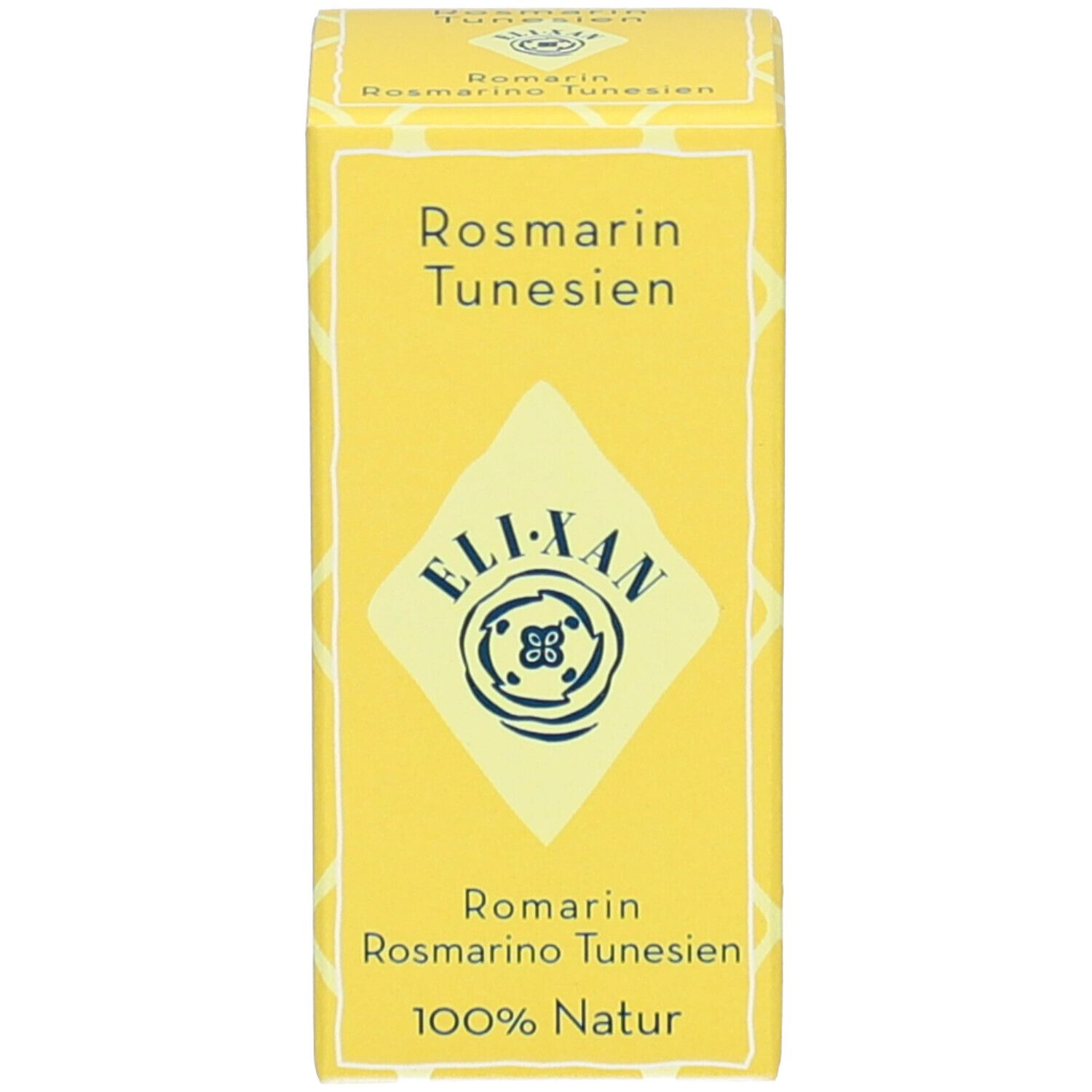 Boîte jaune avec texte: Rosmarin Tunesien, ELIXAN, 100% Natur. Impression: logo, croix suisse.