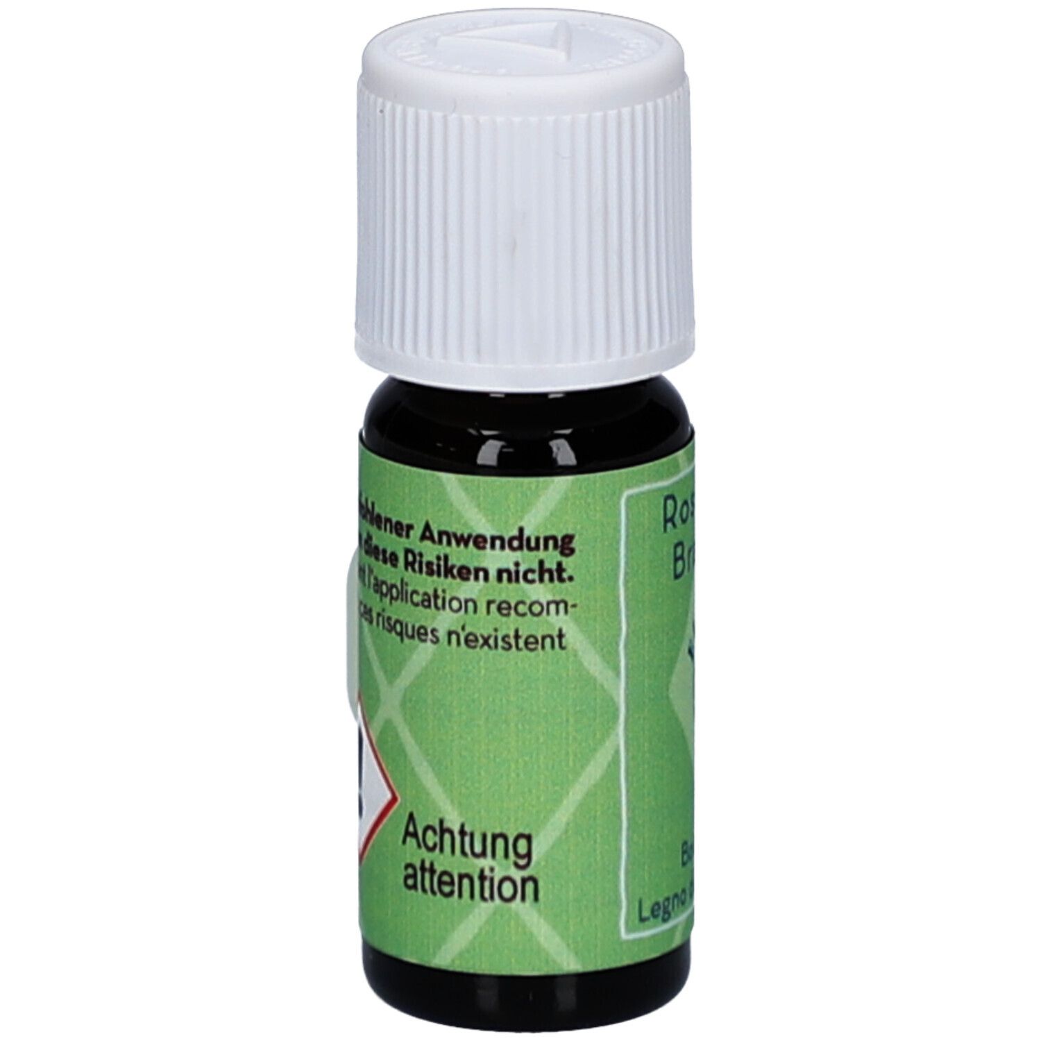 Braune Glasflasche mit weißem Verschluss. Etikett mit Warnhinweis und Text in Deutsch, Französisch und Italienisch.