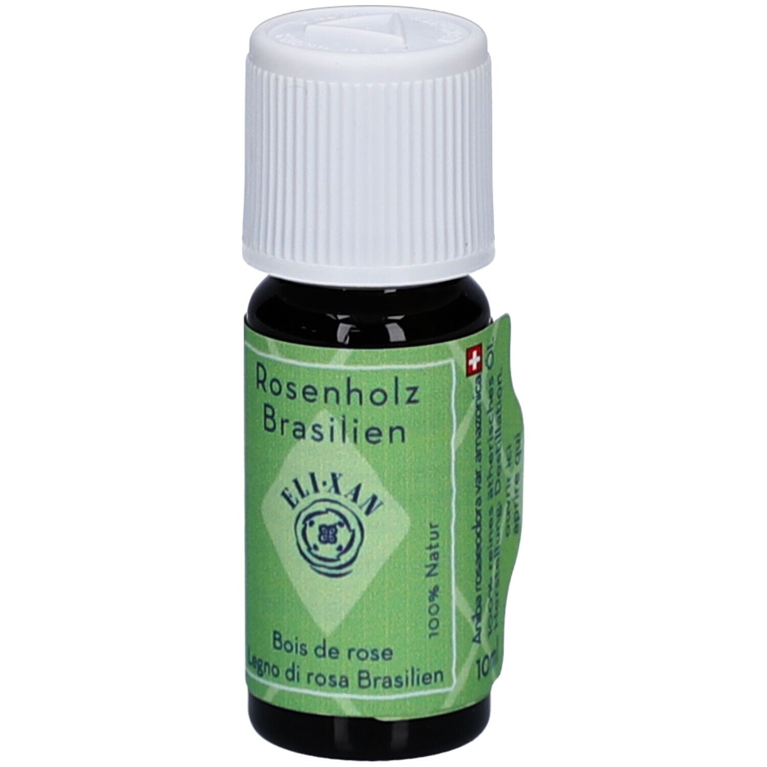 Braune Glasflasche mit weißem Verschluss. Etikett mit Produktnamen, Logo und Text in Deutsch, Französisch und Italienisch.