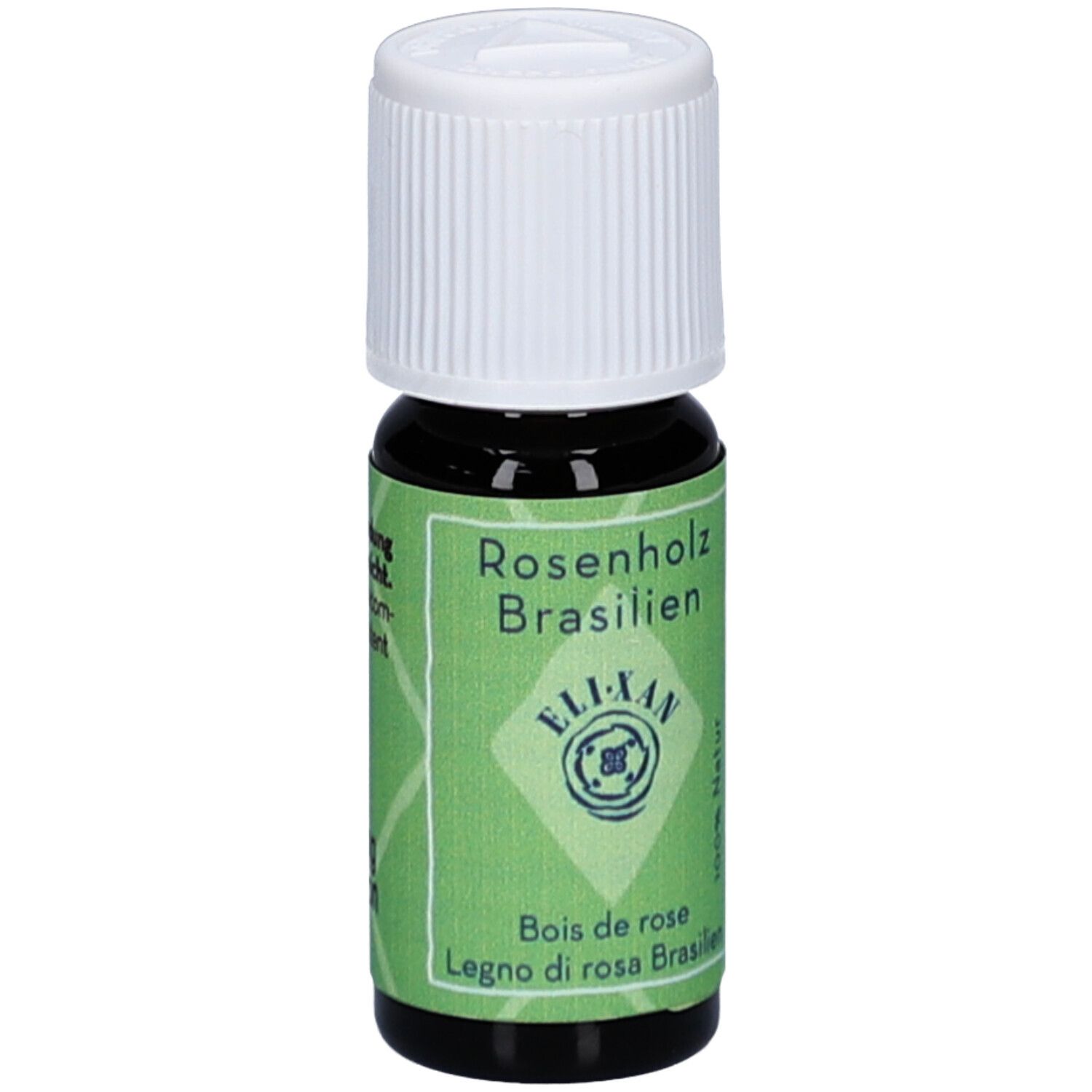 Braune Glasflasche mit weißem Verschluss. Etikett mit Produktnamen, Logo und Text in Deutsch, Französisch und Italienisch.