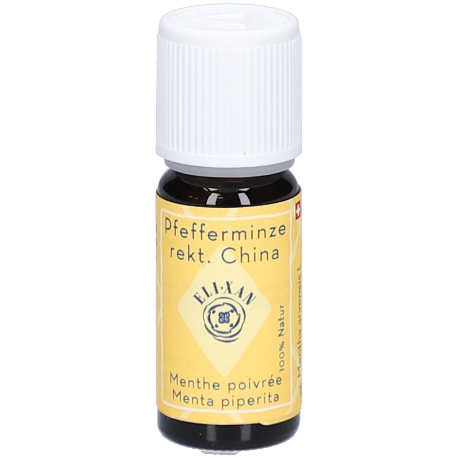 Flacon en verre brun avec bouchon à vis blanc. Étiquette jaune avec nom du produit et logo.