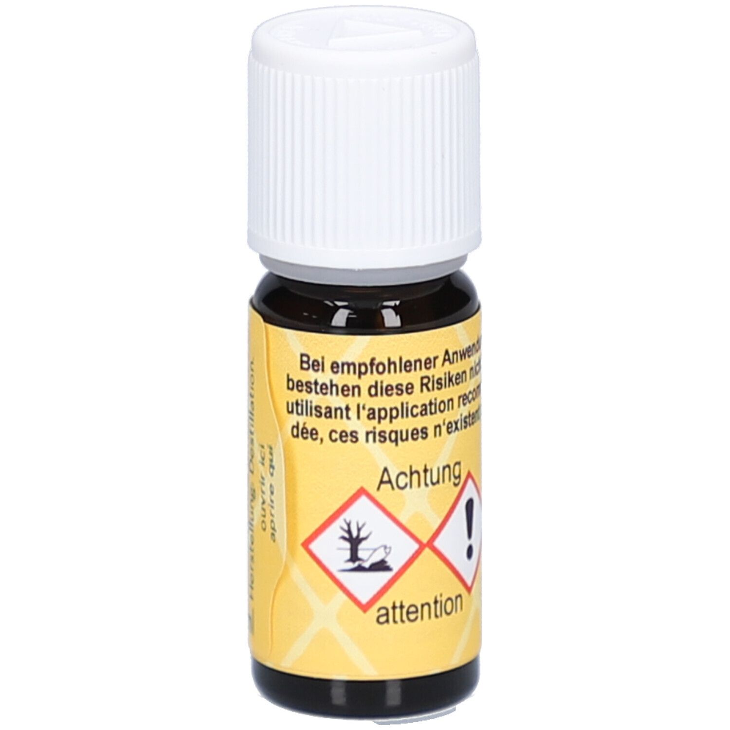 Flacon en verre brun avec bouchon à vis blanc. Étiquette jaune avec symboles d'avertissement et texte.
