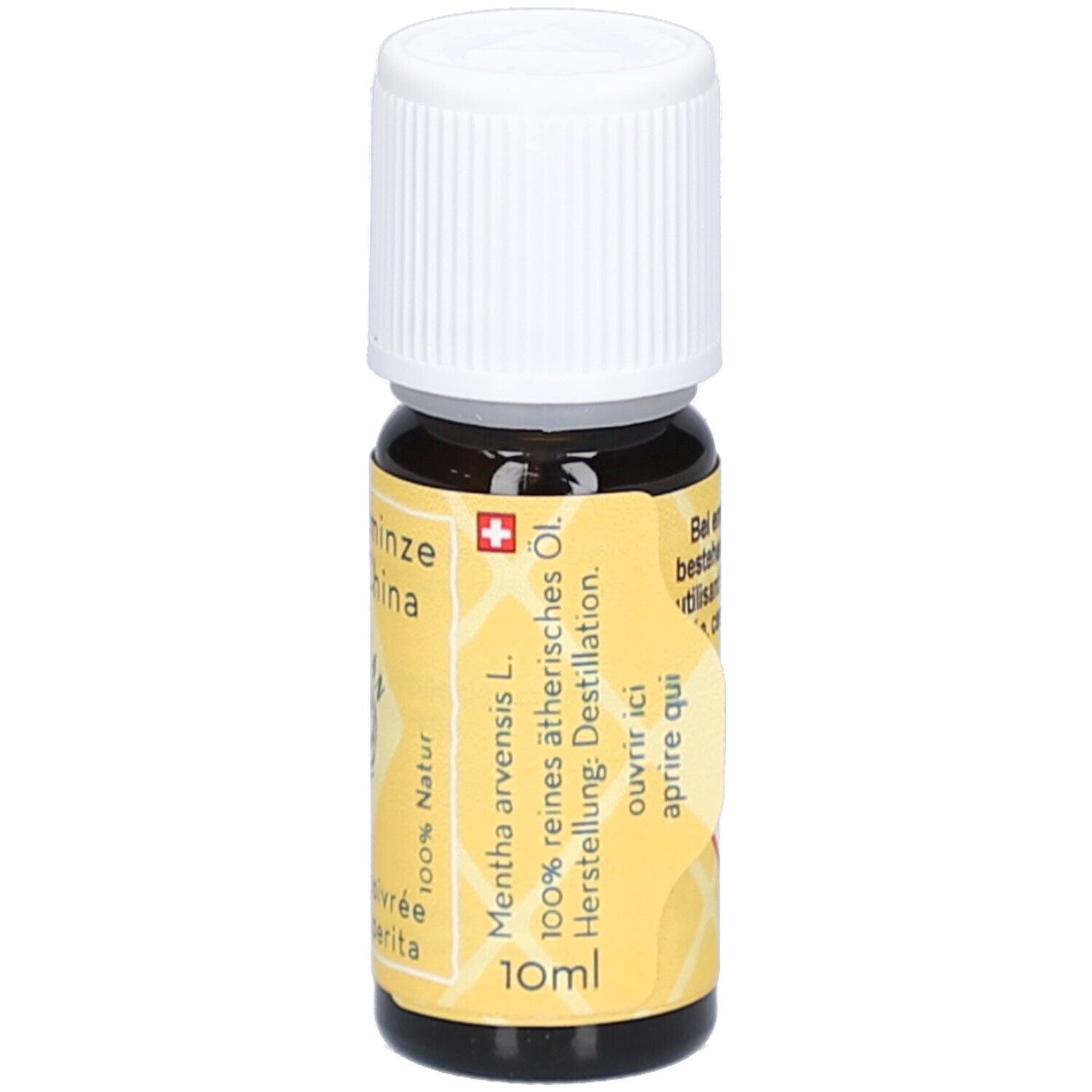 Flacon en verre brun avec bouchon à vis blanc. Étiquette jaune avec informations produit et volume.