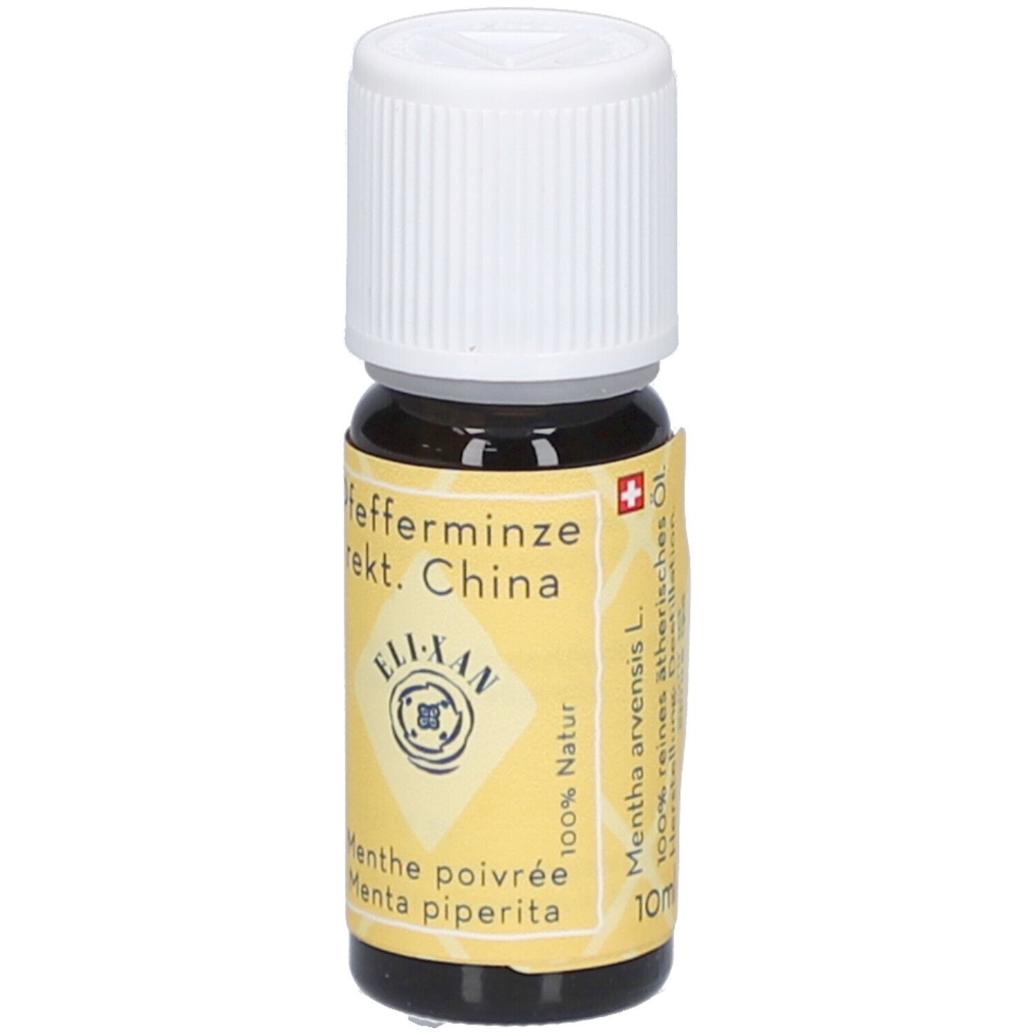 Flacon en verre brun avec bouchon à vis blanc. Étiquette jaune avec nom du produit et logo.