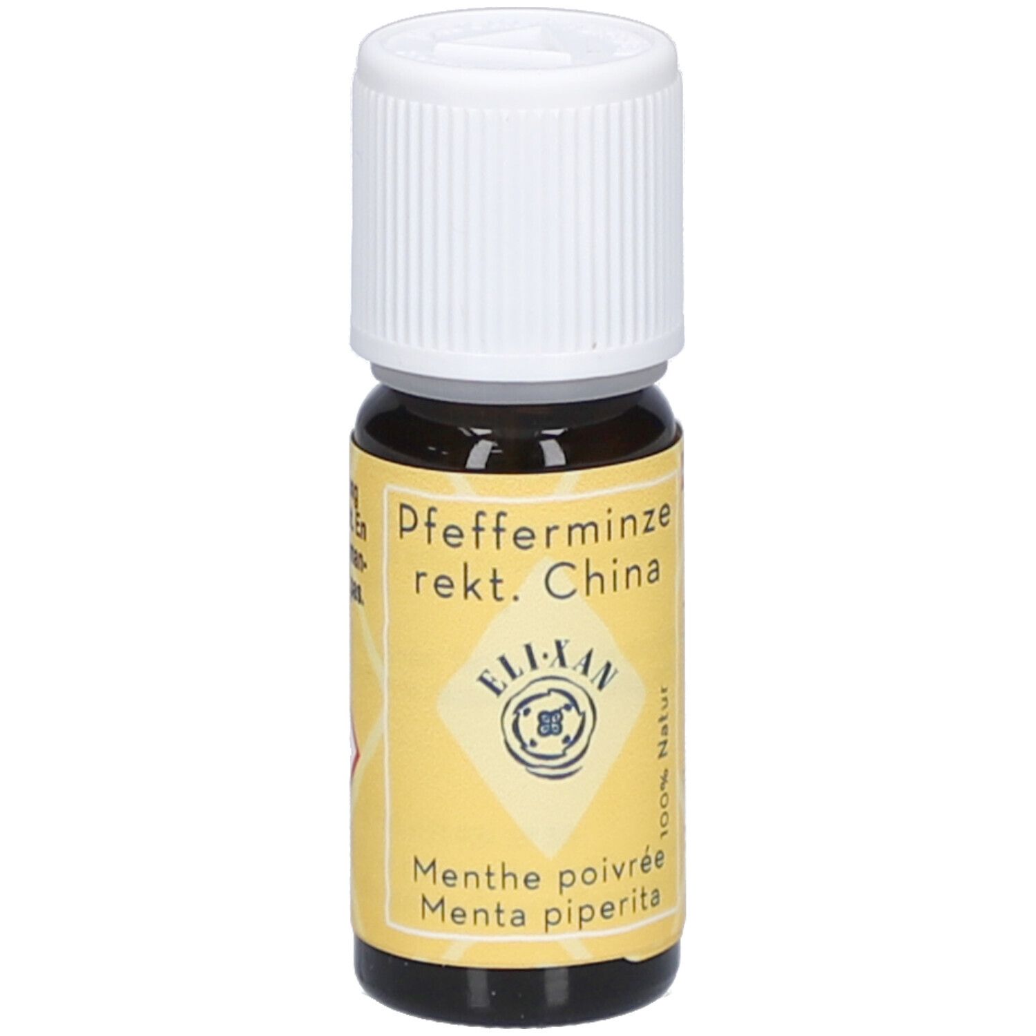 Flacon en verre brun avec bouchon à vis blanc. Étiquette jaune avec nom du produit et logo.