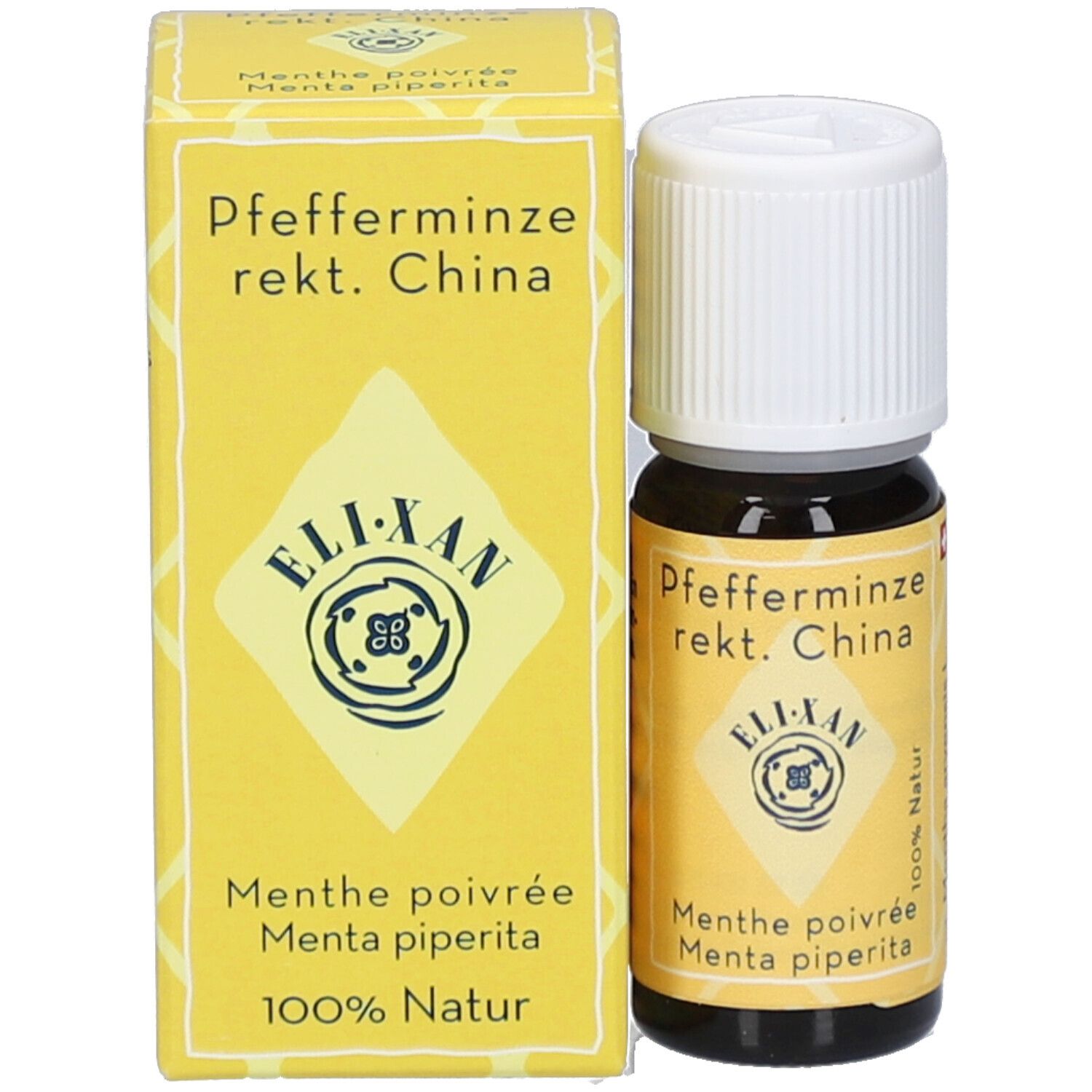 Flacon en verre brun avec bouchon à vis blanc et emballage jaune. Nom du produit et logo.