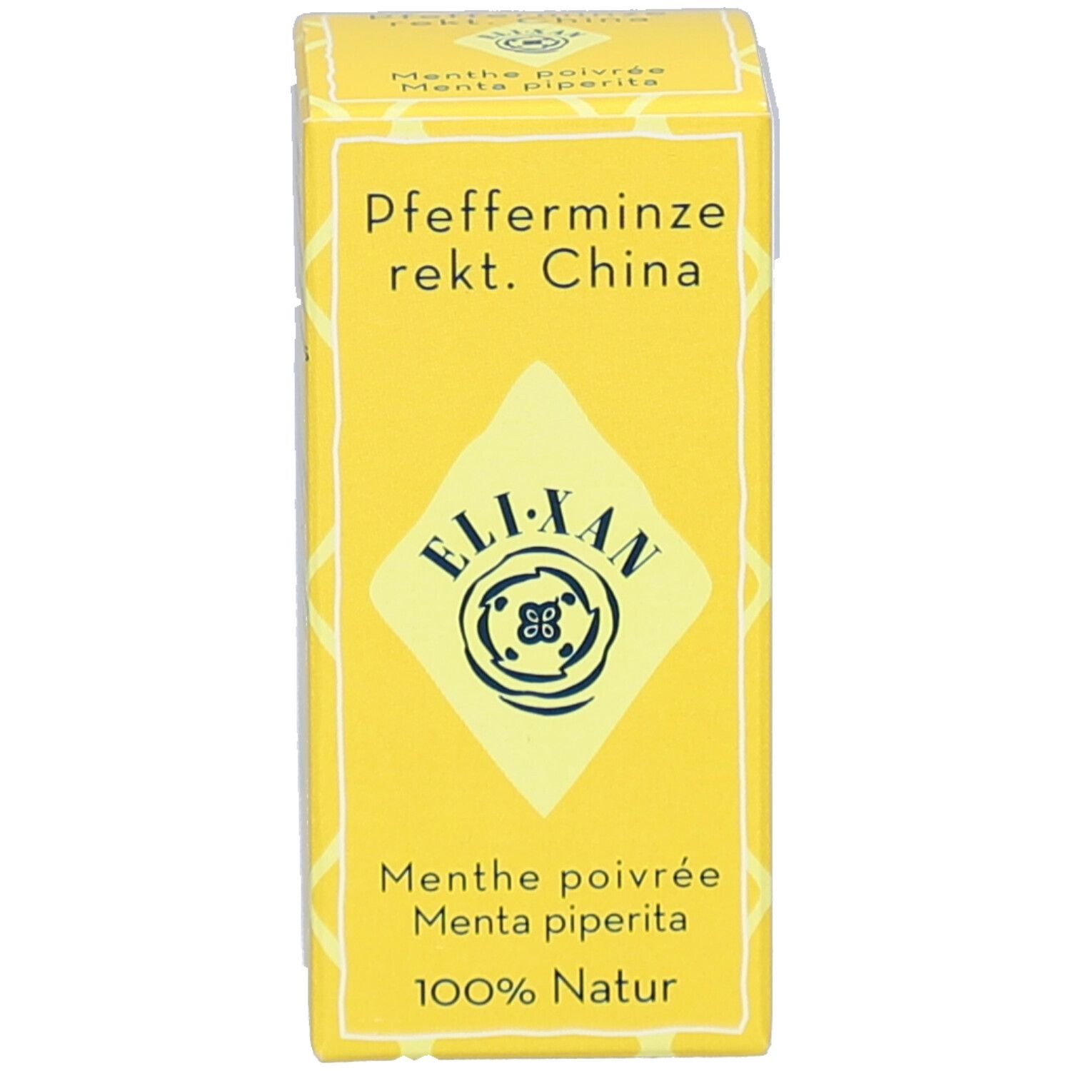 Emballage produit jaune avec nom du produit et logo. Texte en plusieurs langues.