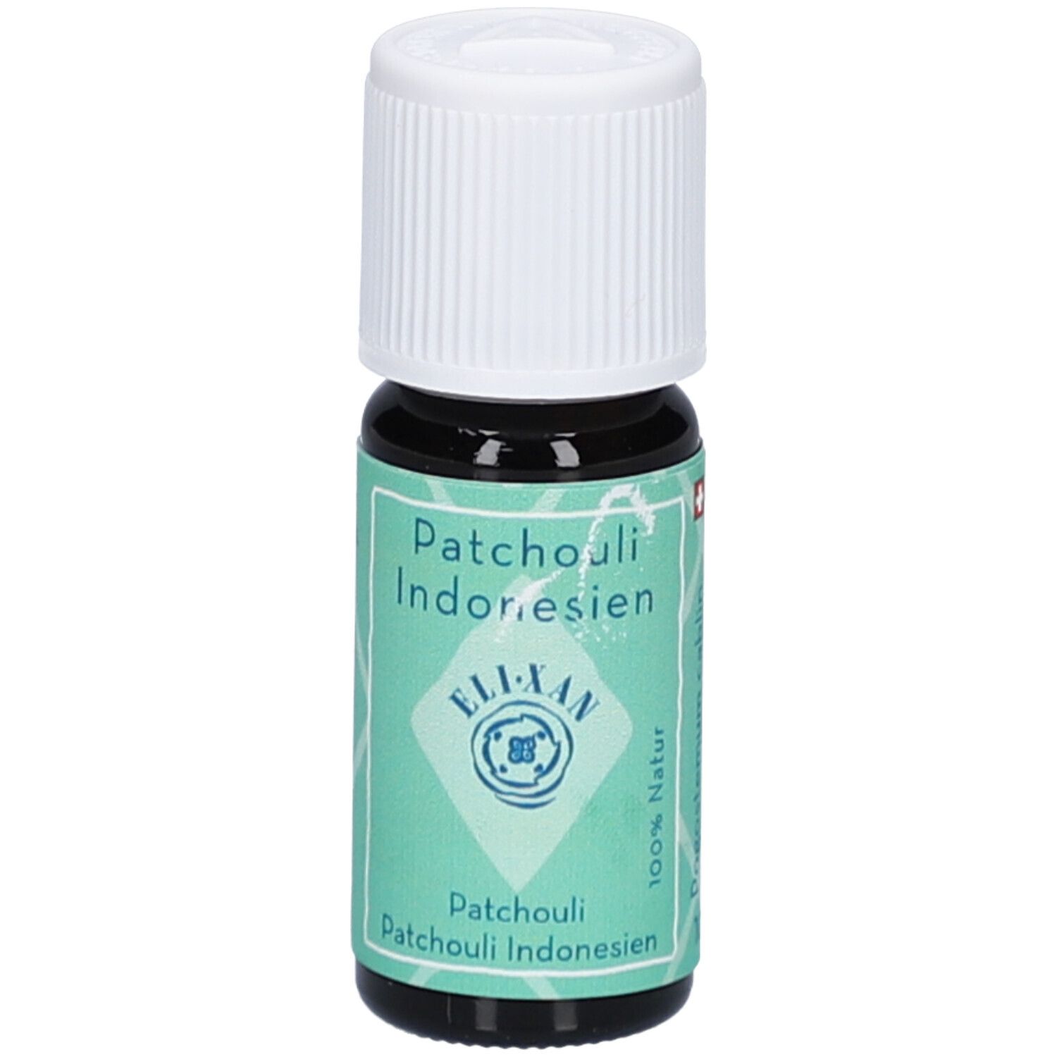 Flacon en verre brun avec bouchon blanc. Étiquette avec nom du produit et logo. 100% naturel.