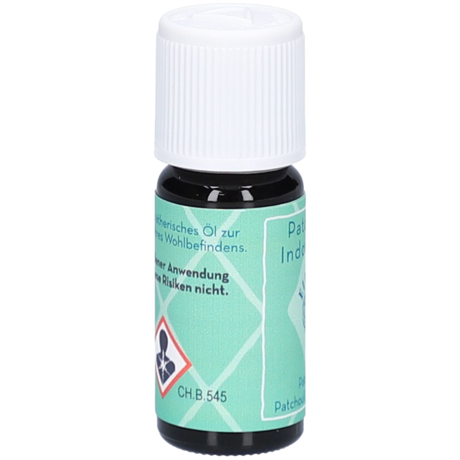 Flacon en verre brun avec bouchon blanc. Étiquette avec informations produit et symbole de danger.