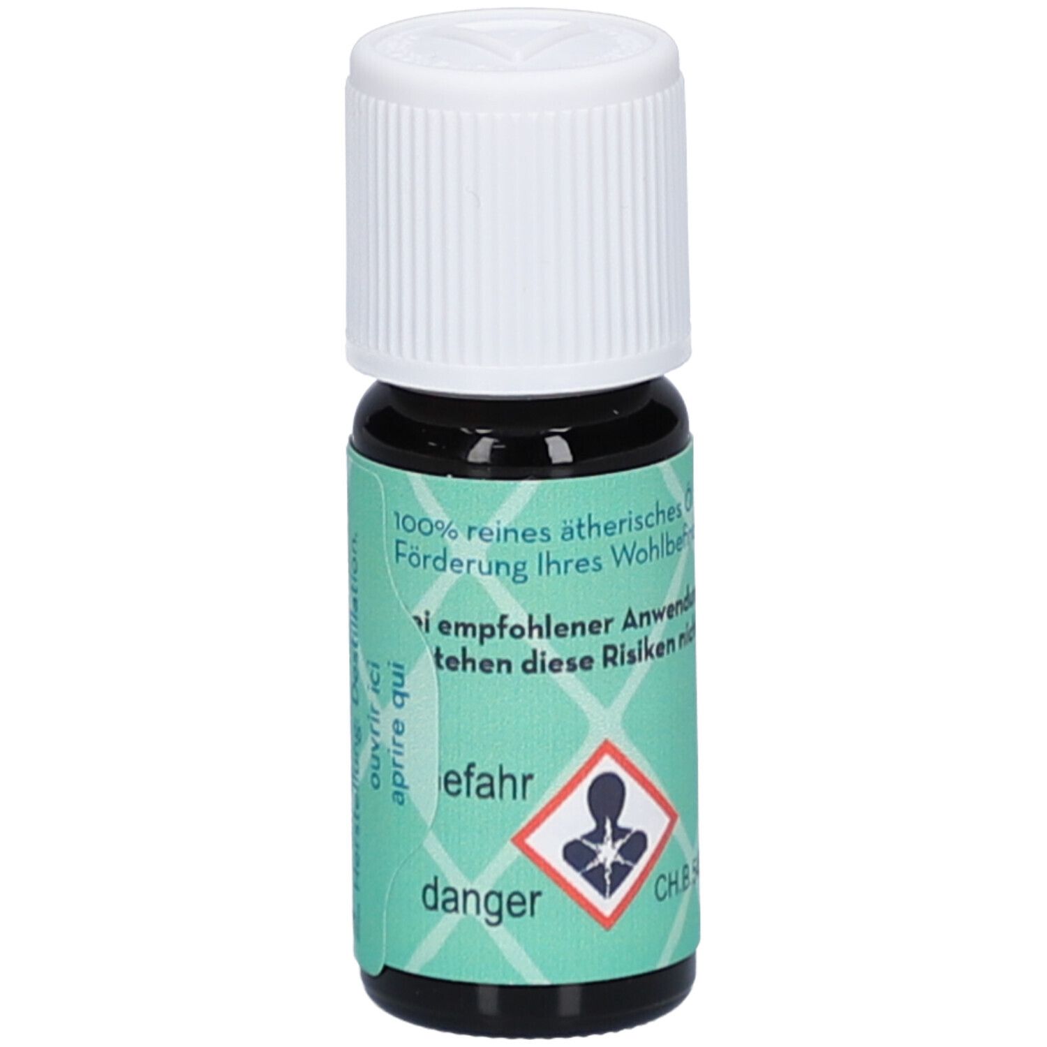 Flacon en verre brun avec bouchon blanc. Étiquette avec informations produit et symbole de danger.