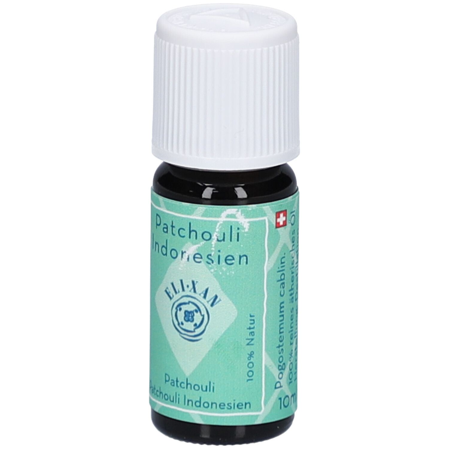 Flacon en verre brun avec bouchon blanc. Étiquette avec nom du produit et logo. 100% naturel.