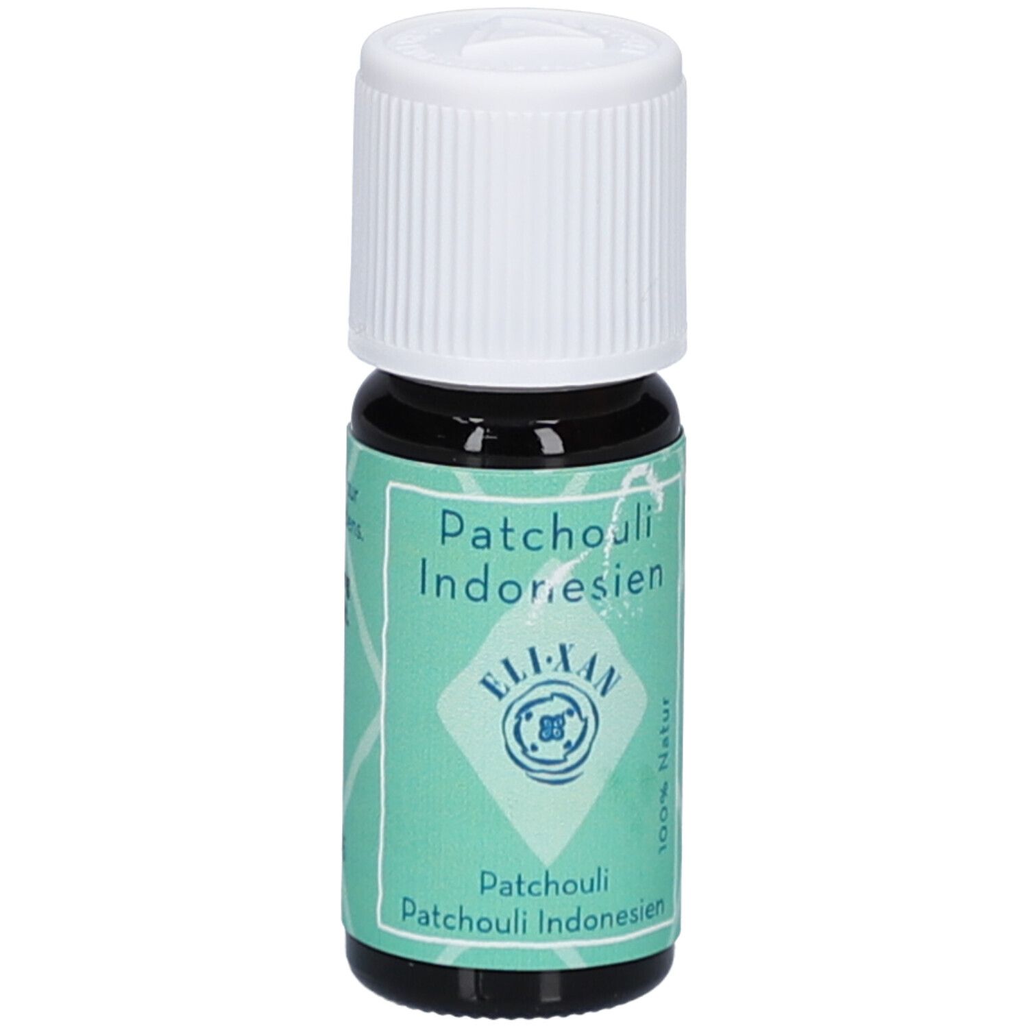 Flacon en verre brun avec bouchon blanc. Étiquette avec nom du produit et logo. 100% naturel.