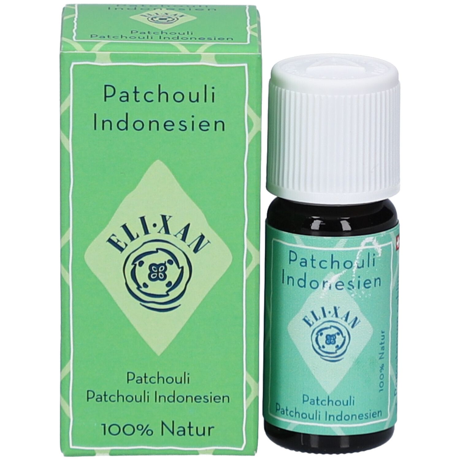 Flacon en verre brun avec bouchon blanc à côté d'un emballage vert. Nom du produit et logo.