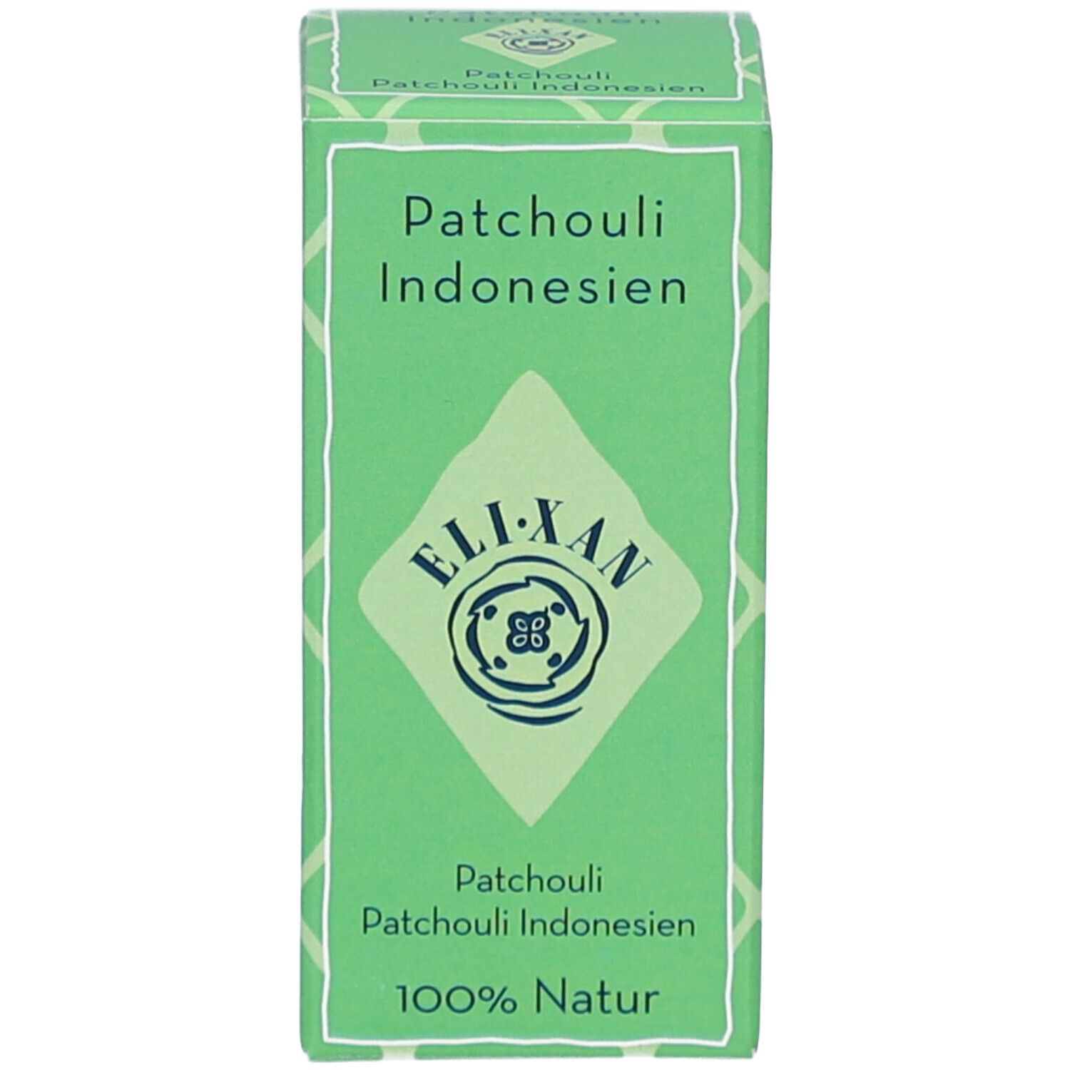 Emballage rectangulaire vert. Nom du produit et logo. 100% naturel.