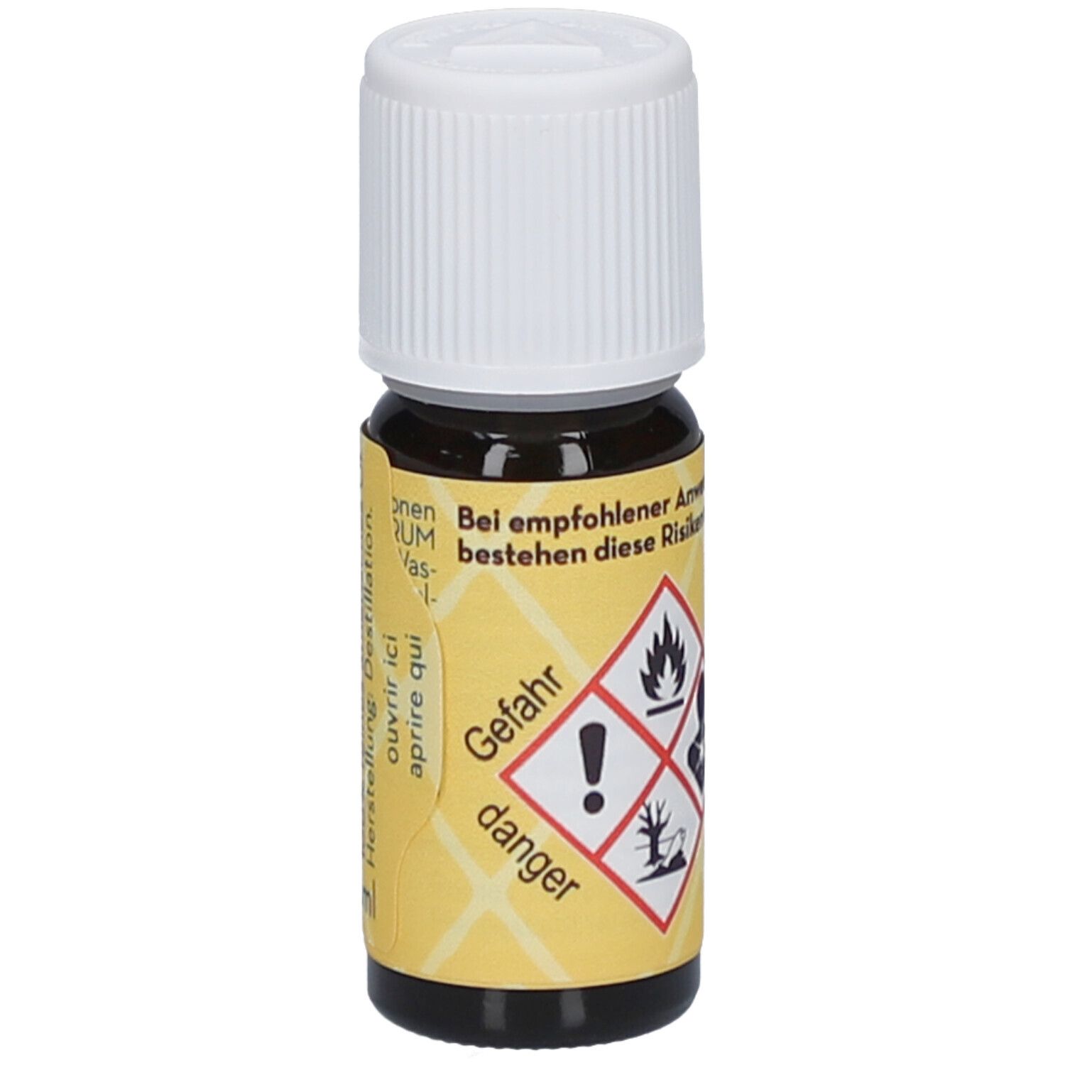 Flacon en verre brun avec bouchon blanc. Étiquette jaune avec symboles de danger et texte: Gefahr, danger.