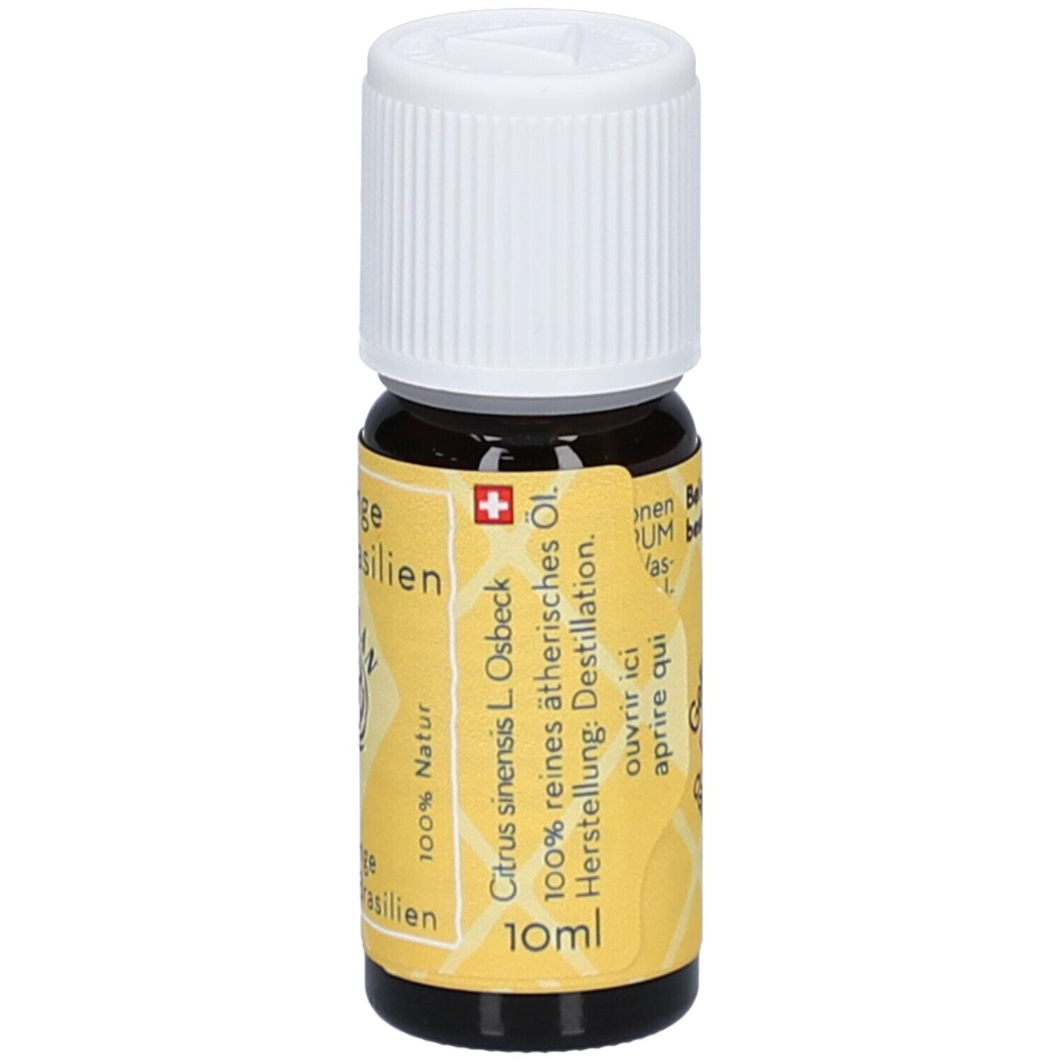 Flacon en verre brun avec bouchon blanc. Étiquette jaune avec texte: Citrus sinensis L. Osbeck, 100% huile essentielle pure, 10ml.