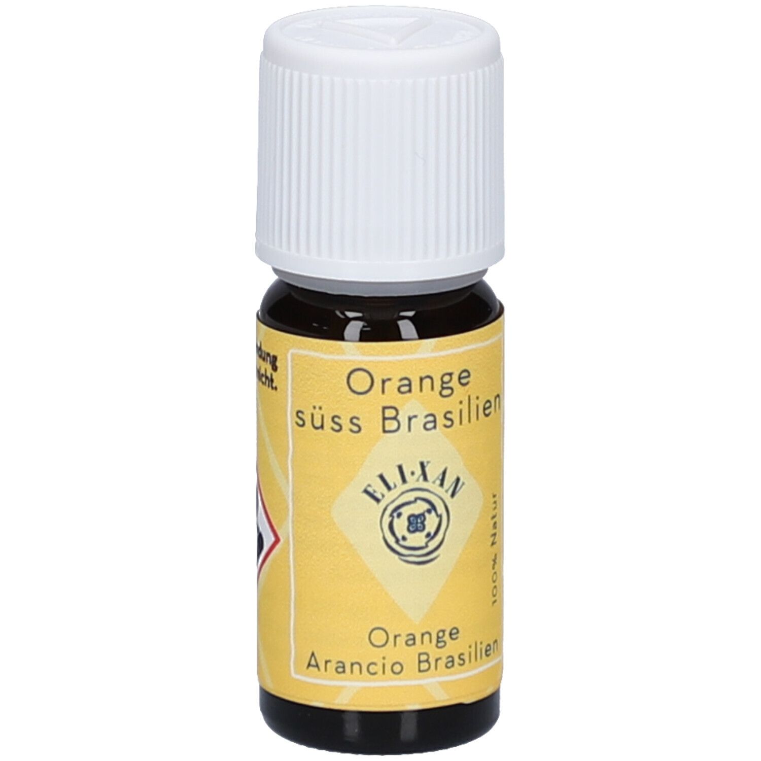 Flacon en verre brun avec bouchon blanc. Étiquette jaune avec texte: Orange doux Brésil, ELIXAN, symbole de danger.