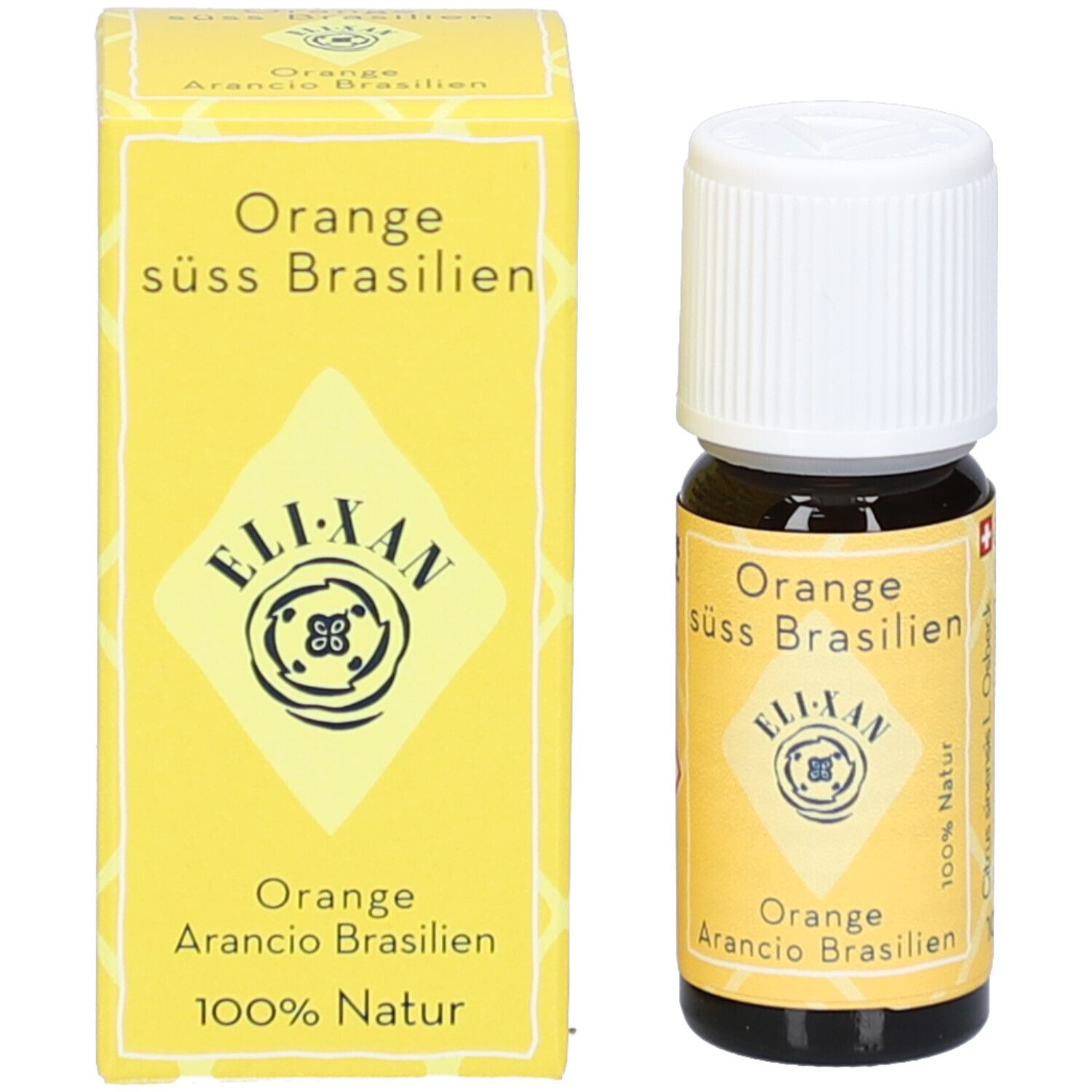 Flacon en verre brun avec bouchon blanc et boîte jaune. Sur la boîte: Orange doux Brésil, ELIXAN, 100% naturel.