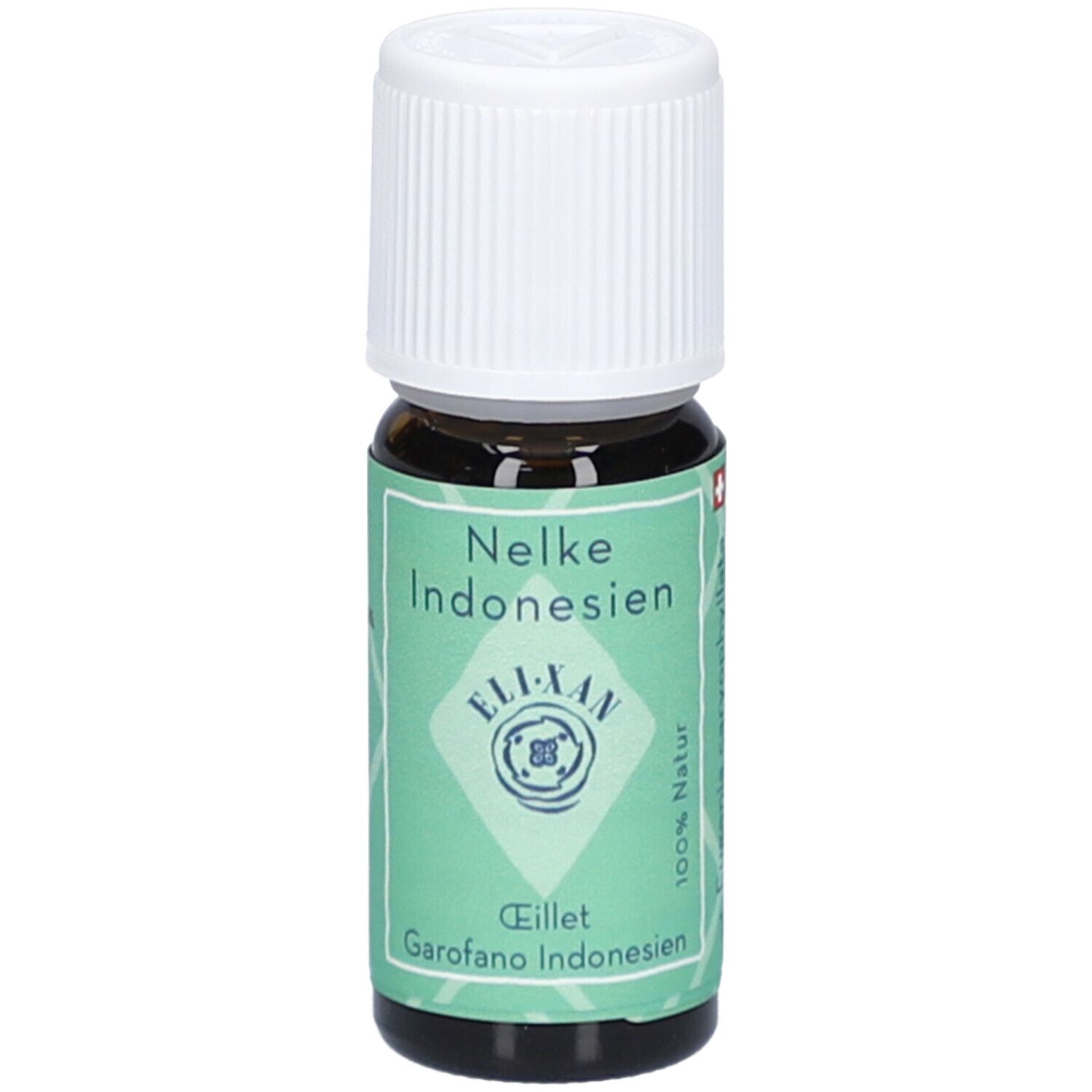 Flacon en verre brun avec bouchon blanc. Étiquette : Nelke Indonesien, ELIXAN, Eillet, Garofano Indonesien. 100% Natur.