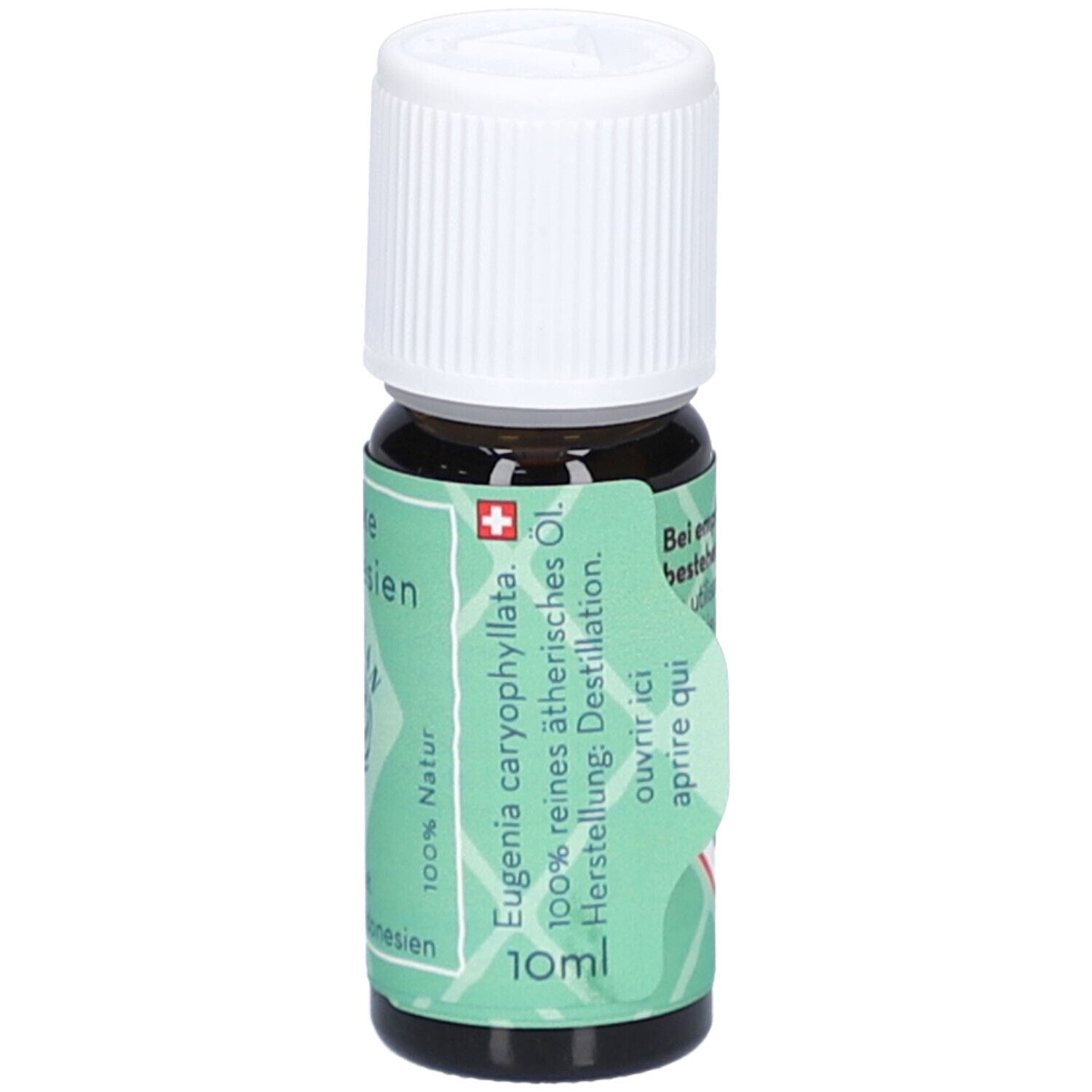 Flacon en verre brun avec bouchon blanc. Étiquette avec texte: Nelke Indonesien, 100% huile essentielle pure, 10ml.