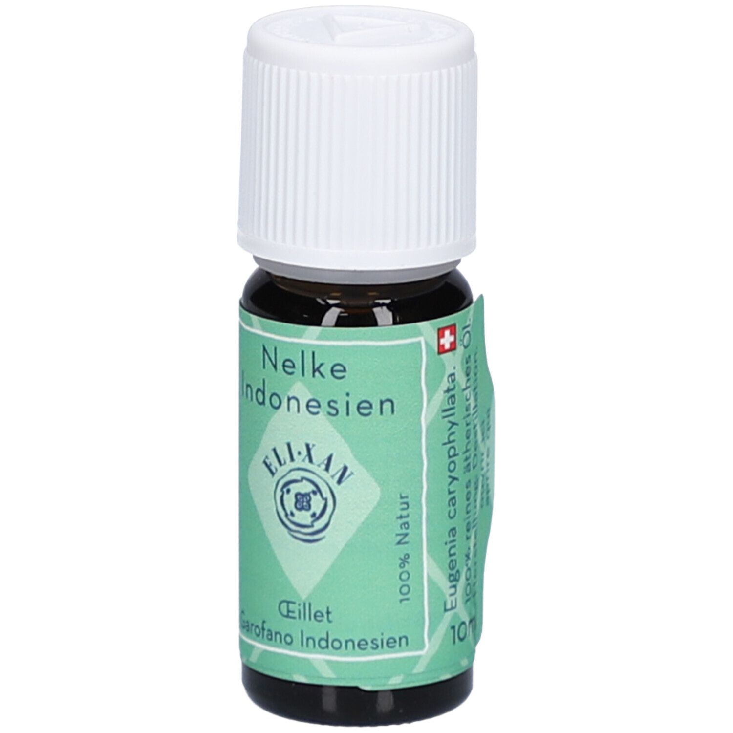 Flacon en verre brun avec bouchon blanc. Étiquette : Nelke Indonesien, ELIXAN, Eillet, Garofano Indonesien. 100% Natur.