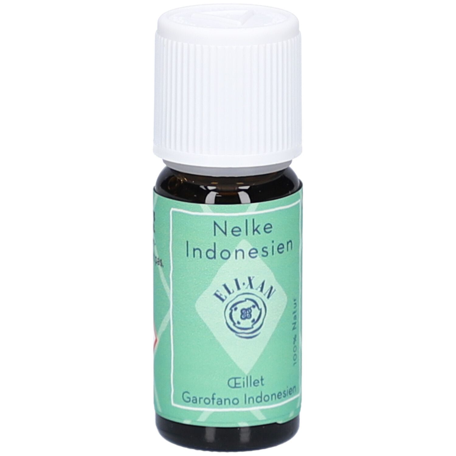 Flacon en verre brun avec bouchon blanc. Étiquette : Nelke Indonesien, ELIXAN, Eillet, Garofano Indonesien. 100% Natur.