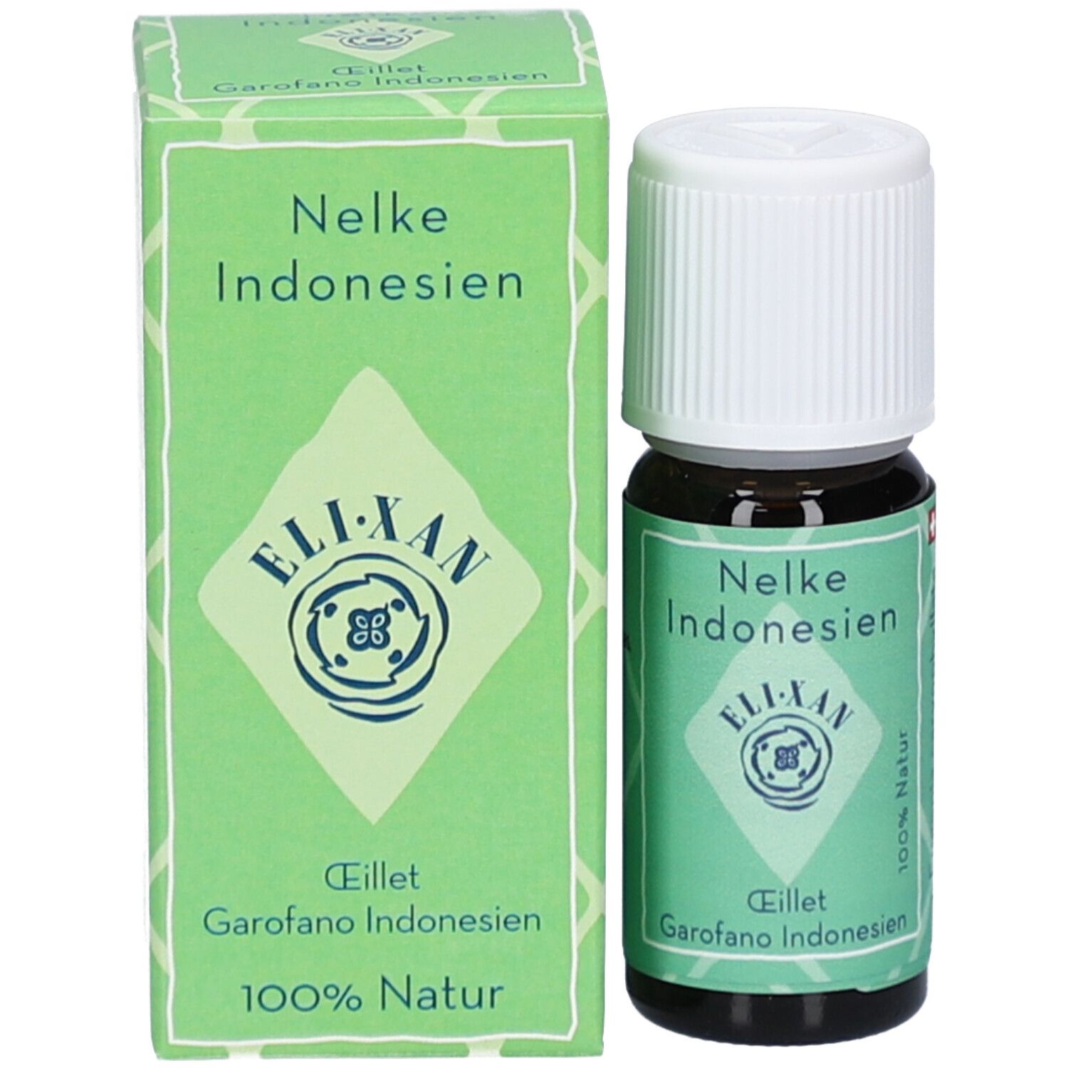 Flacon en verre brun avec bouchon blanc et emballage vert. Sur l'emballage: Nelke Indonesien, ELIXAN, 100% Natur.