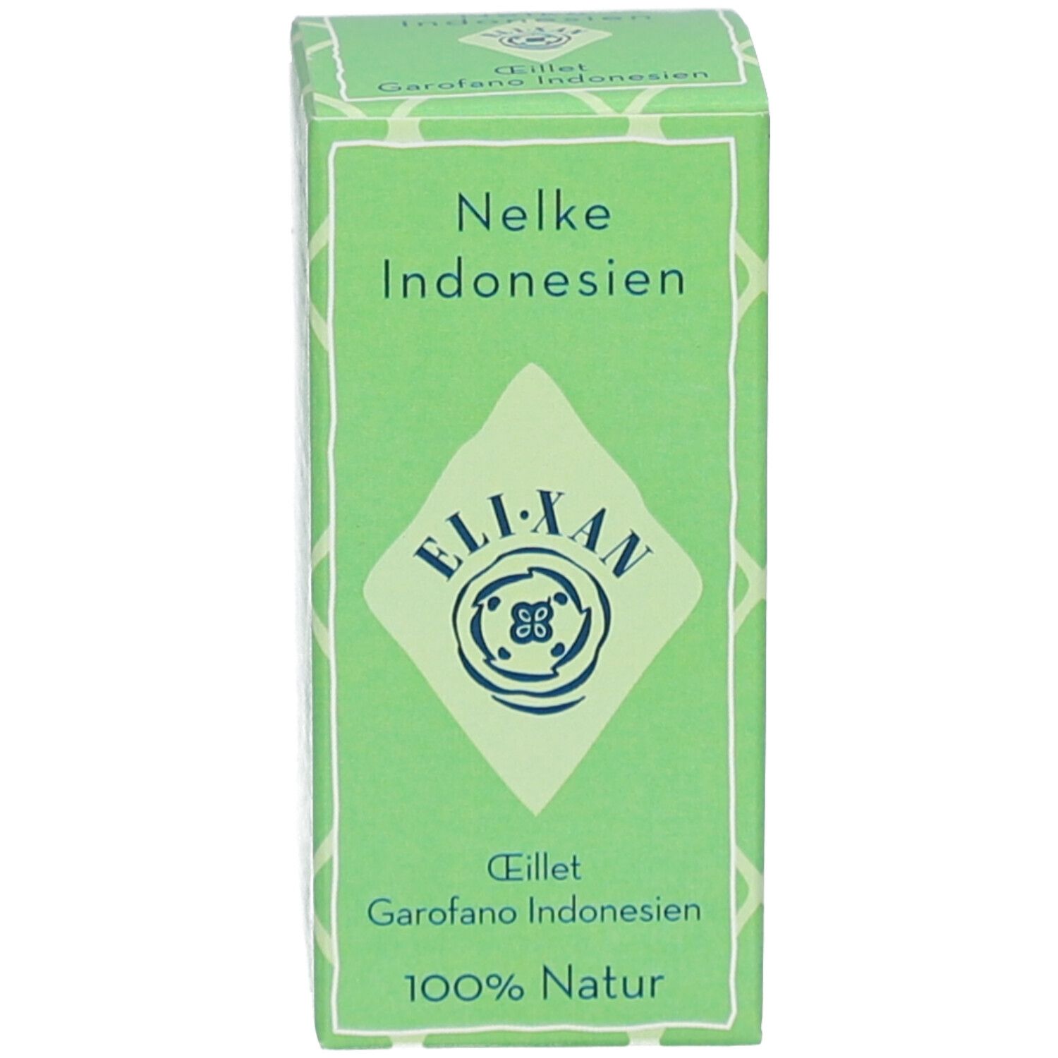 Emballage vert avec texte: Nelke Indonesien, ELIXAN, Eillet, Garofano Indonesien. 100% Natur.