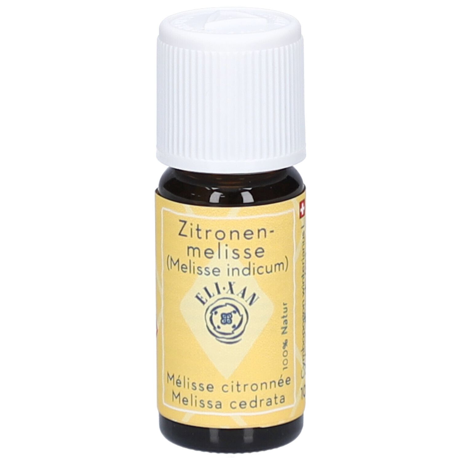 Braune Glasflasche mit weißem Schraubverschluss. Gelbes Etikett mit Text: Zitronenmelisse, ELIXAN, Melisse citronnée.
