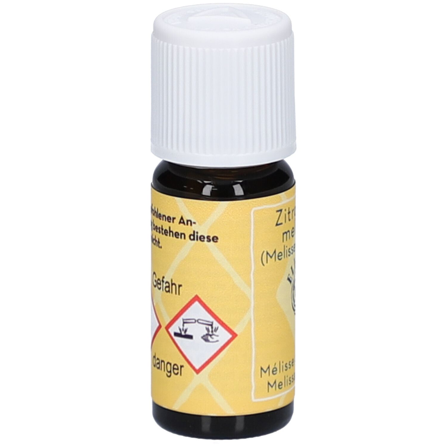 Braune Glasflasche mit weißem Verschluss. Gelbes Etikett mit Gefahrensymbolen. Text: Gefahr, danger.