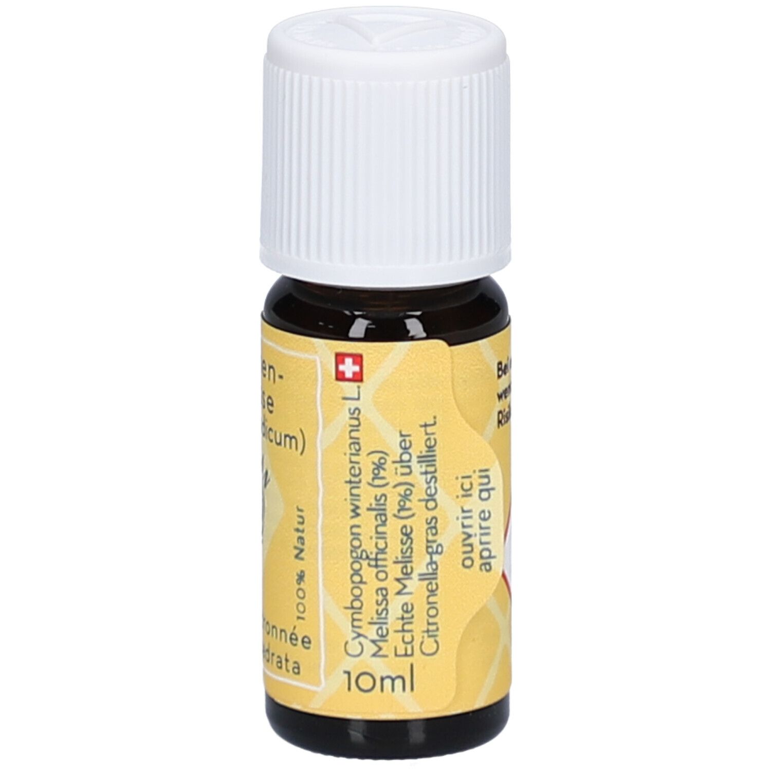 Braune Glasflasche mit weißem Verschluss. Gelbes Etikett mit Text: Zitronenmelisse, 10ml, ELIXAN, 100% Natur.