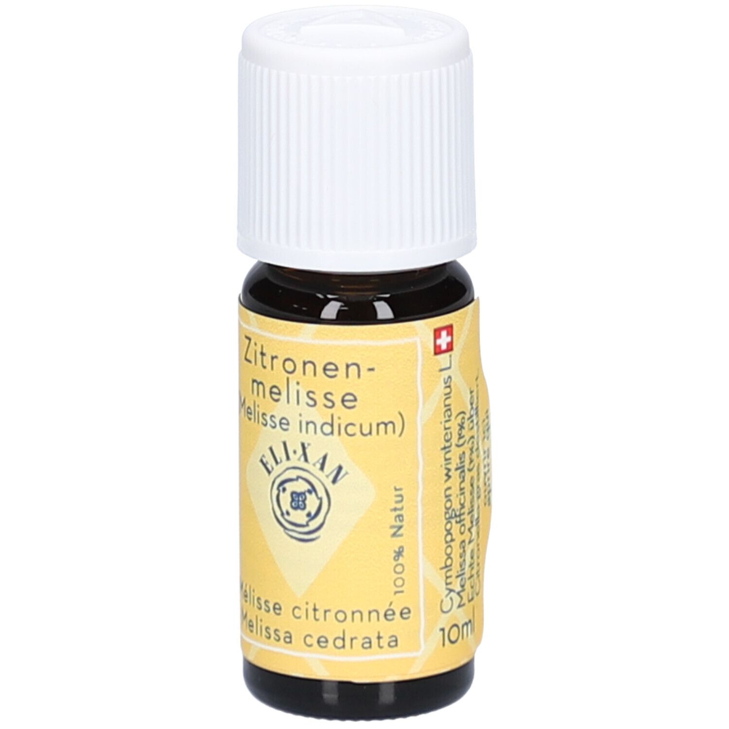 Braune Glasflasche mit weißem Verschluss. Gelbes Etikett mit Text: Zitronenmelisse, ELIXAN, Melisse citronnée.