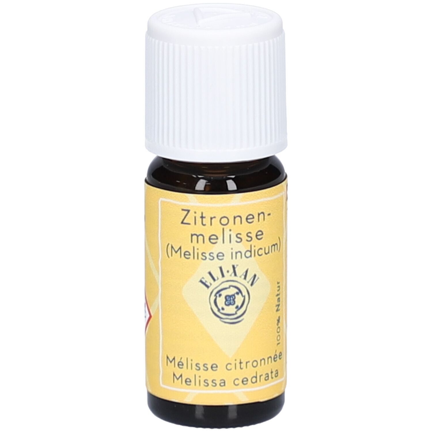 Braune Glasflasche mit weißem Verschluss. Gelbes Etikett mit Text: Zitronenmelisse, ELIXAN, Melisse citronnée.