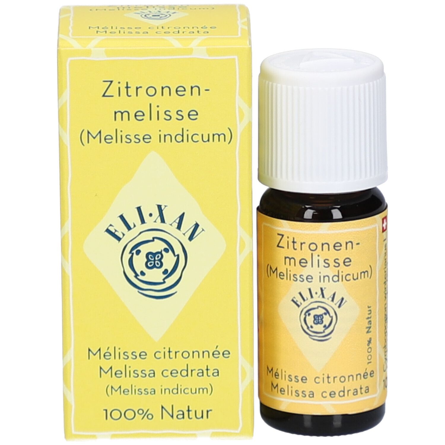 Braune Glasflasche und gelbe Schachtel. Auf der Schachtel: Zitronenmelisse, ELIXAN, Melisse citronnée, 100% Natur.