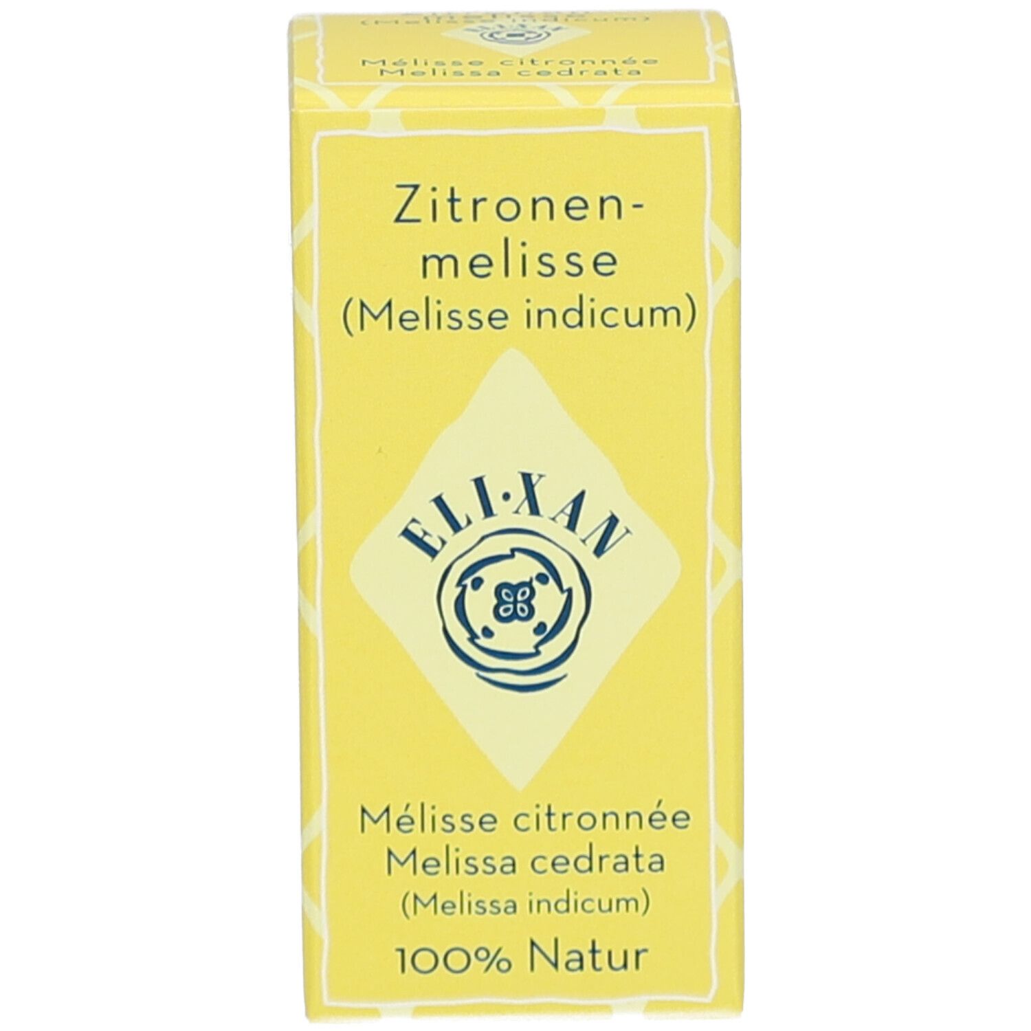 Gelbe Schachtel mit Text: Zitronenmelisse, ELIXAN, Melisse citronnée, 100% Natur.