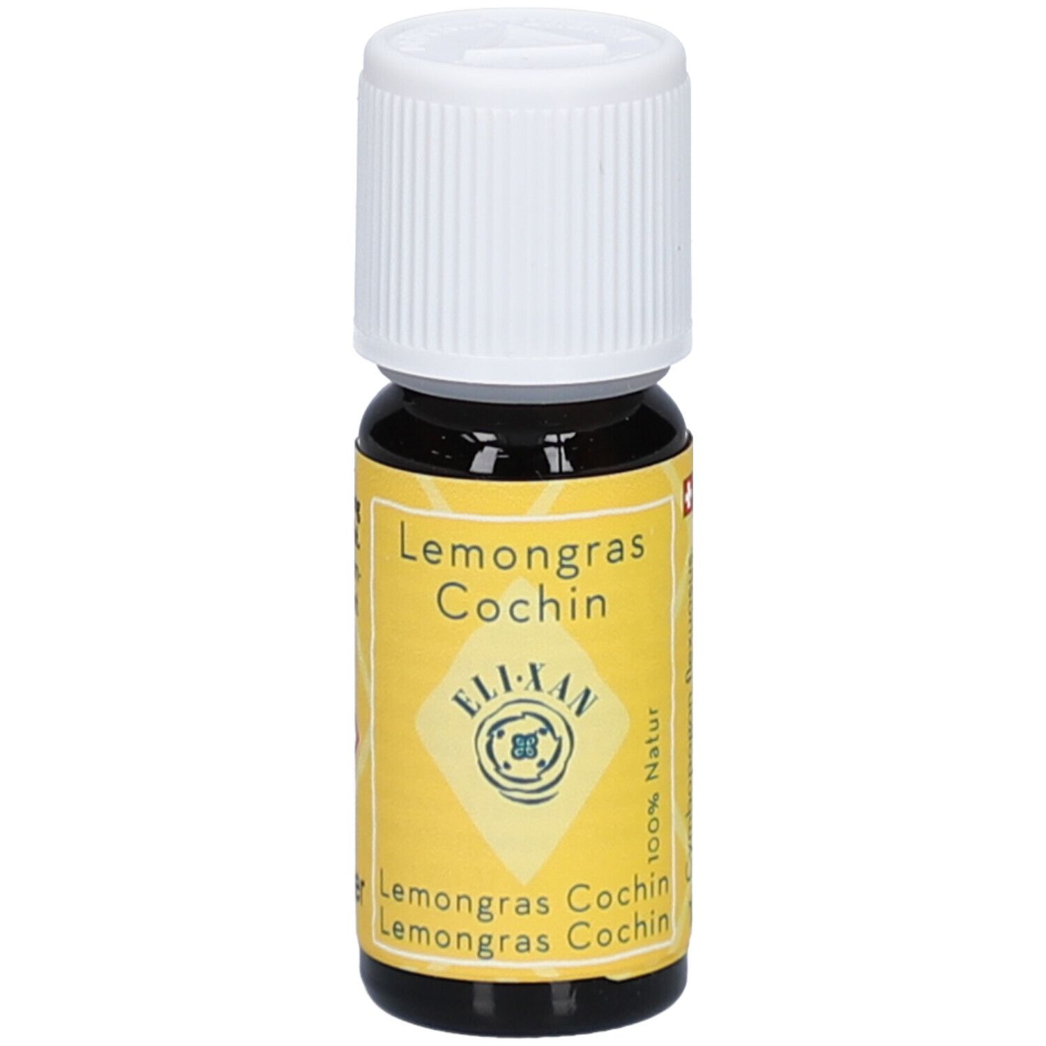 Flacon en verre brun avec bouchon blanc. Étiquette jaune avec texte: Lemongrass Cochin, ELIXAN, 100% naturel.