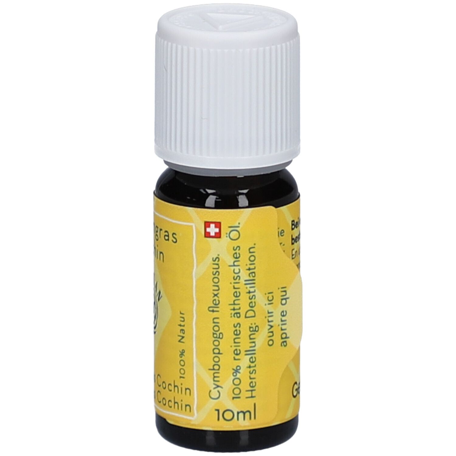 Flacon en verre brun avec bouchon blanc. Étiquette jaune avec texte: Lemongrass Cochin, 100% huile essentielle pure, 10ml.