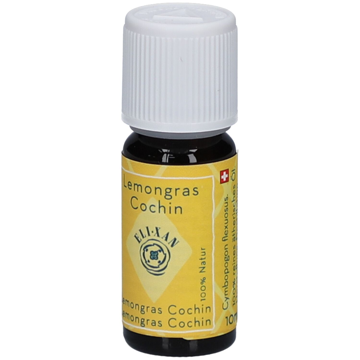 Flacon en verre brun avec bouchon blanc. Étiquette jaune avec texte: Lemongrass Cochin, ELIXAN, 100% naturel, 10ml.