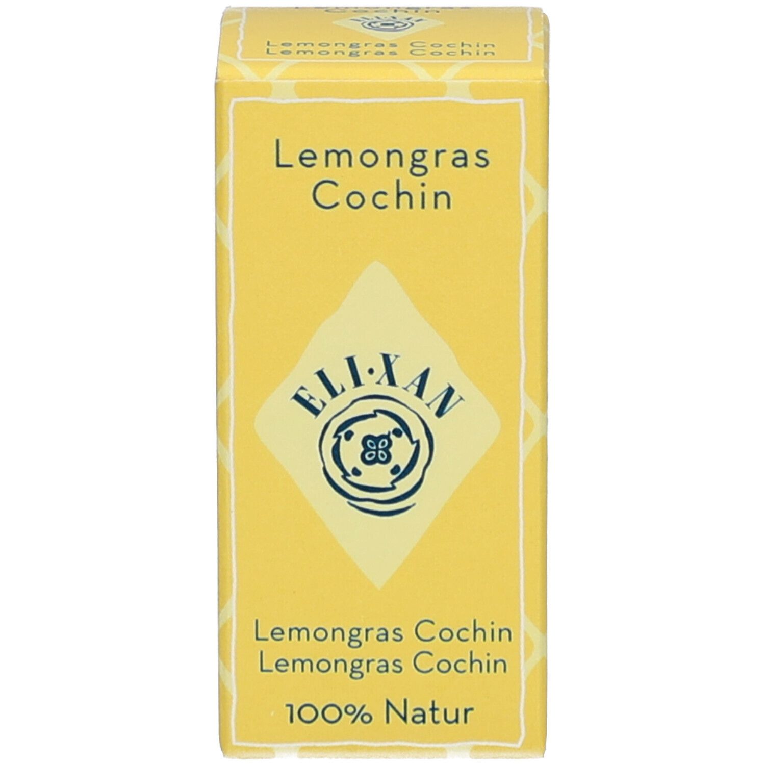 Boîte jaune avec texte: Lemongrass Cochin, ELIXAN, 100% naturel.