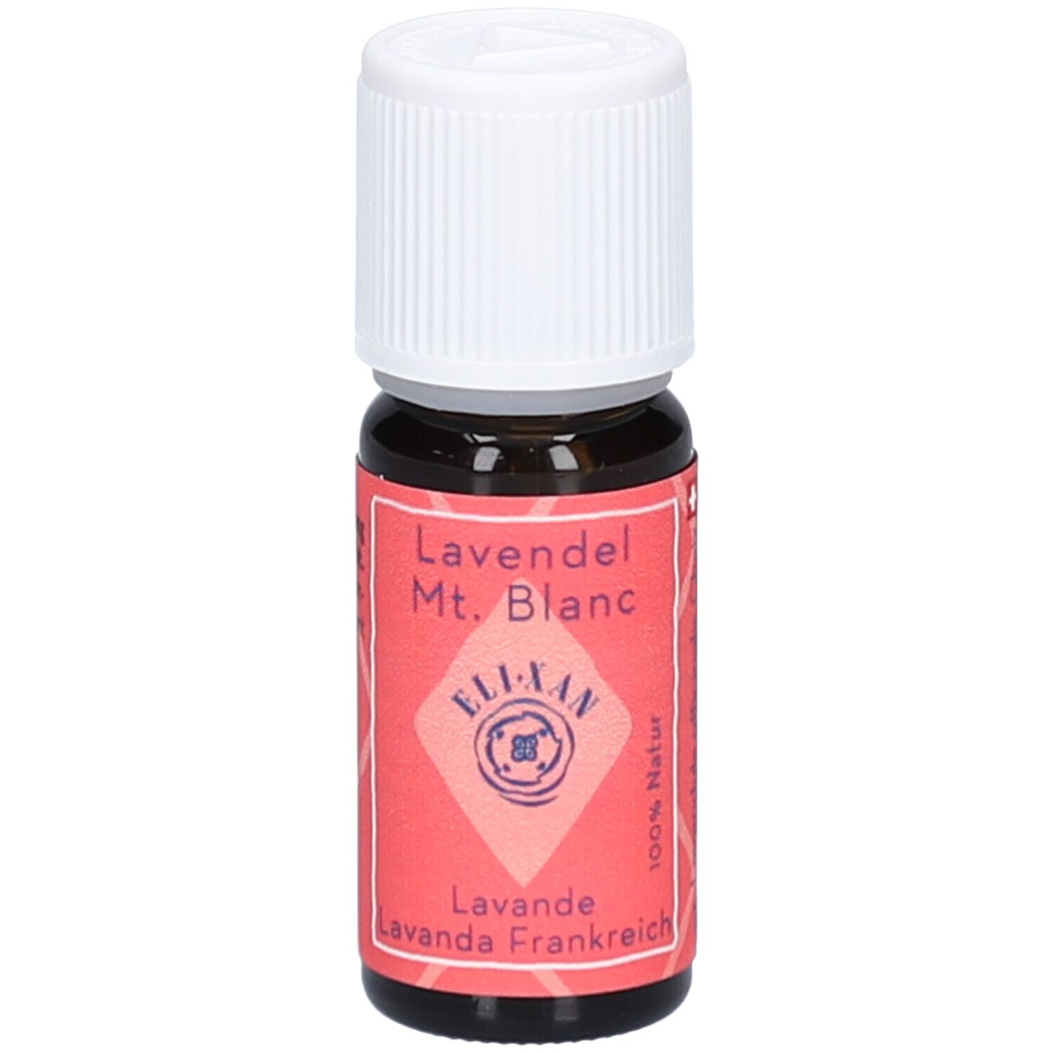 Braune Glasflasche mit weißem Schraubverschluss. Rotes Etikett mit Text: Lavendel Mt. Blanc, ELIXAN, Lavande, 100% Natur.