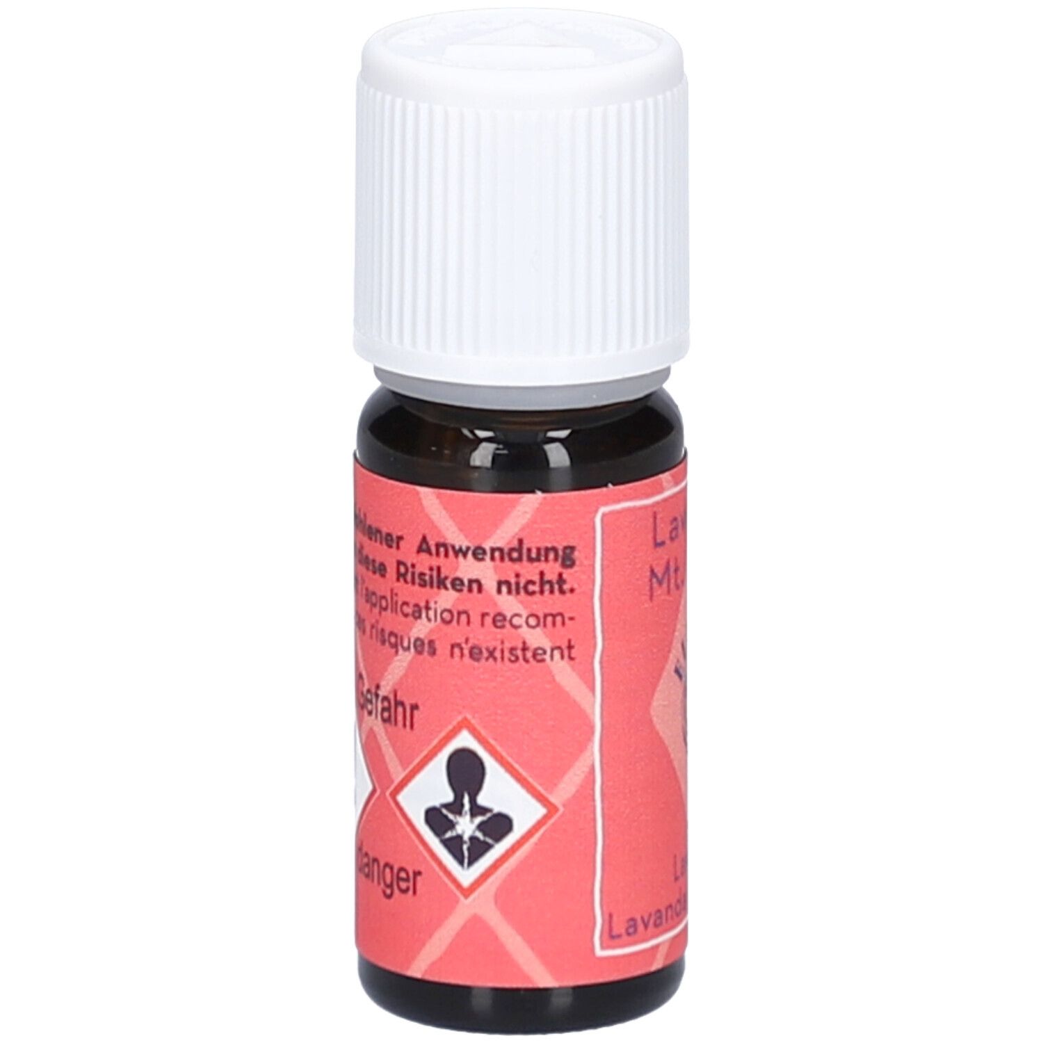 Braune Glasflasche mit weißem Schraubverschluss. Rotes Etikett mit Gefahrensymbolen und Text: Lavendel Mt. Blanc, ELIXAN.