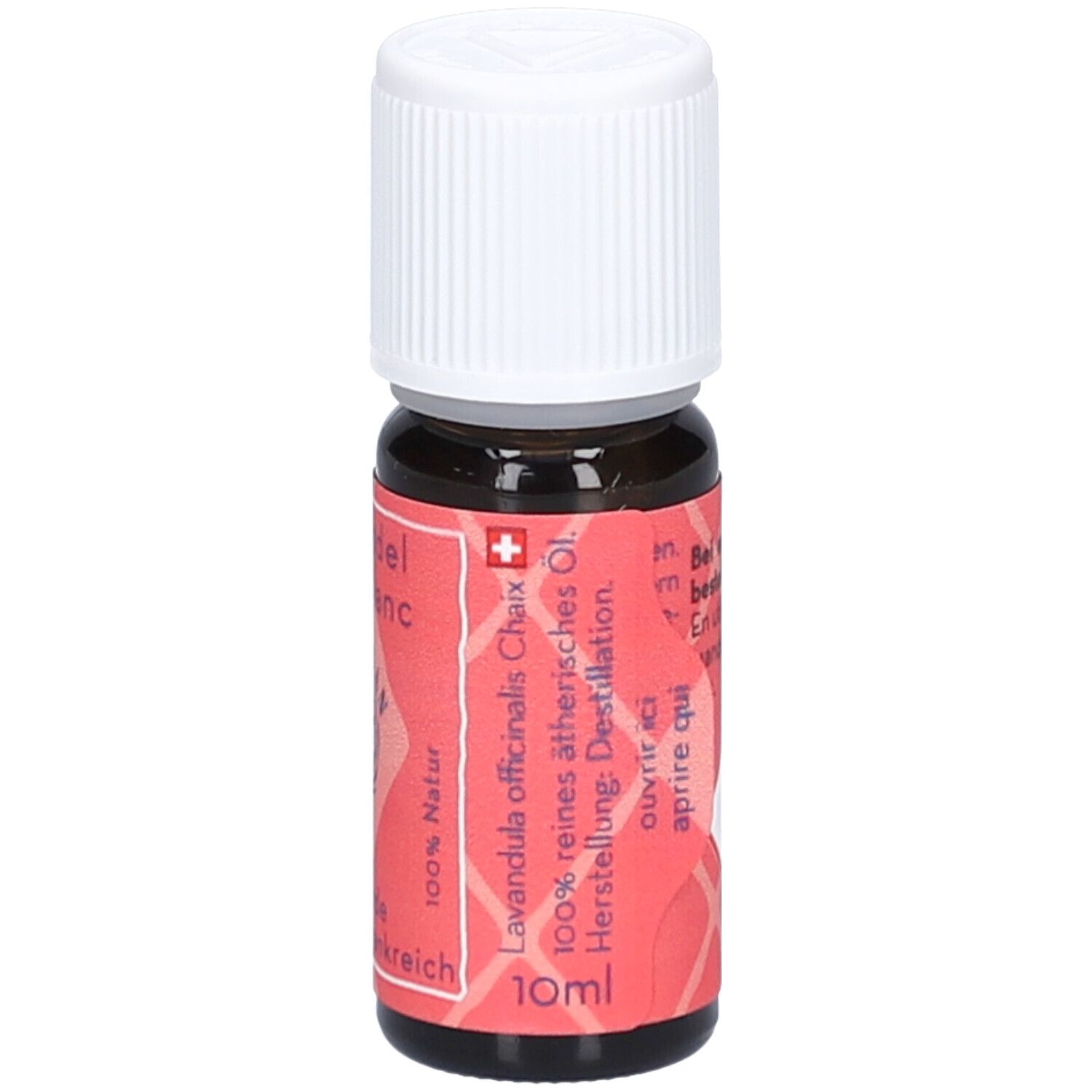 Braune Glasflasche mit weißem Schraubverschluss. Rotes Etikett mit Text: Lavendel Mt. Blanc, 100% reines ätherisches Öl, 10ml.