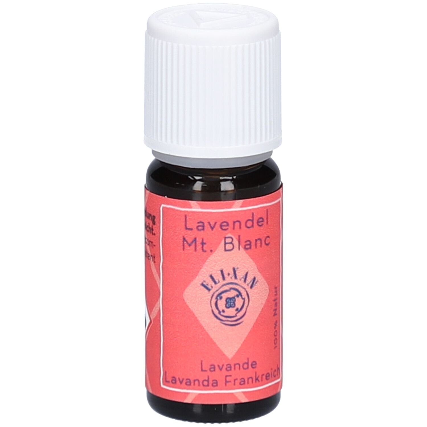 Braune Glasflasche mit weißem Schraubverschluss. Rotes Etikett mit Text: Lavendel Mt. Blanc, ELIXAN, Lavande, 100% Natur.