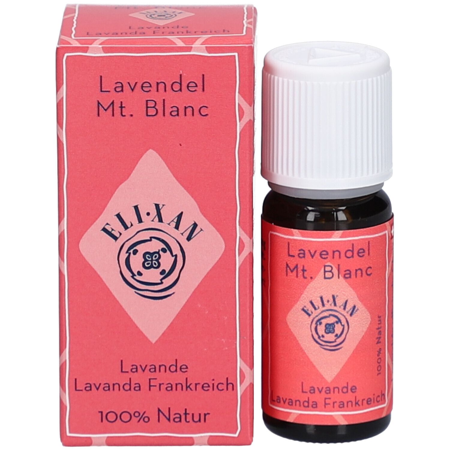 Braune Glasflasche mit weißem Schraubverschluss und Karton. Karton und Flasche mit Text: Lavendel Mt. Blanc, ELIXAN, Lavande, 100% Natur.