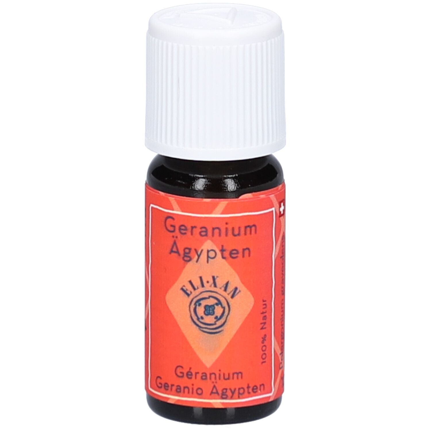 Braune Glasflasche mit weißem Schraubverschluss. Rotes Etikett mit Text: Geranium Ägypten, ELIXAN, 100% Natur.