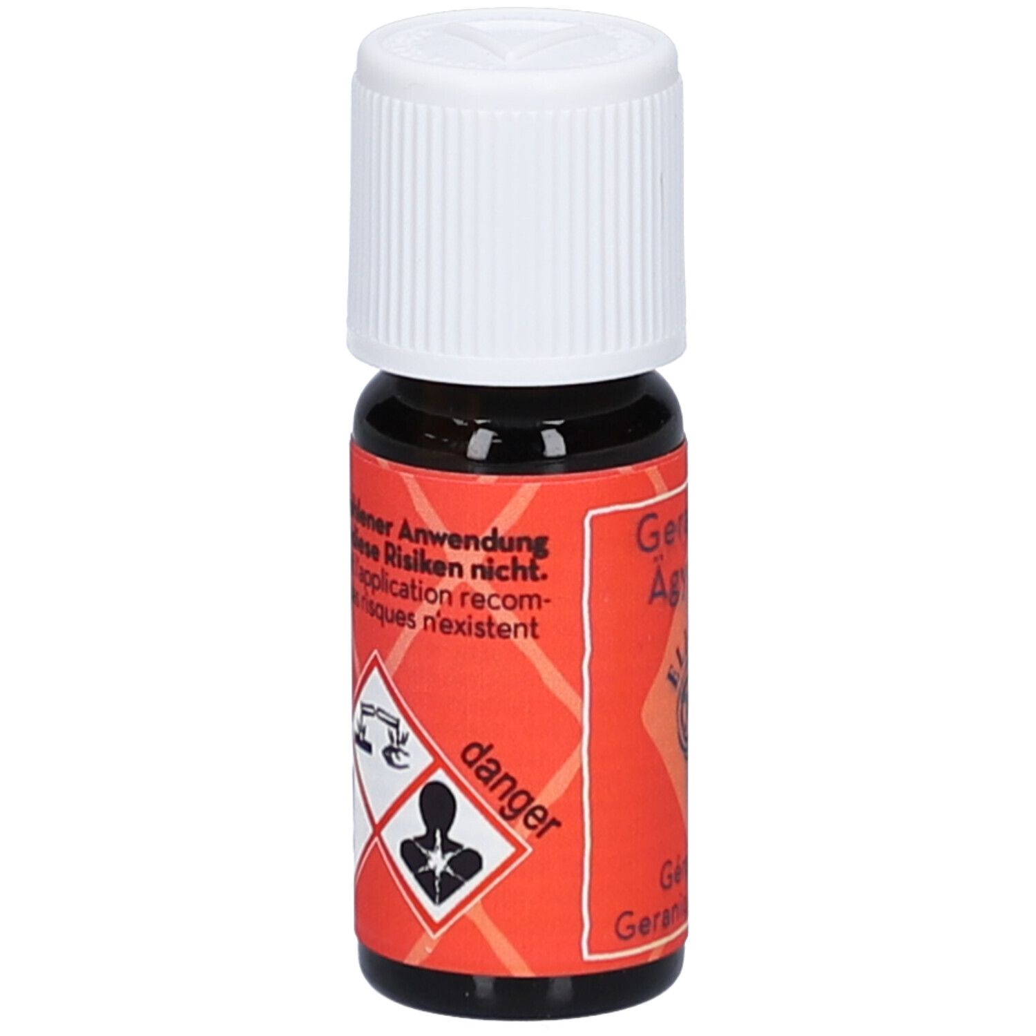 Braune Glasflasche mit weißem Schraubverschluss. Rotes Etikett mit Gefahrensymbolen und Text: danger.