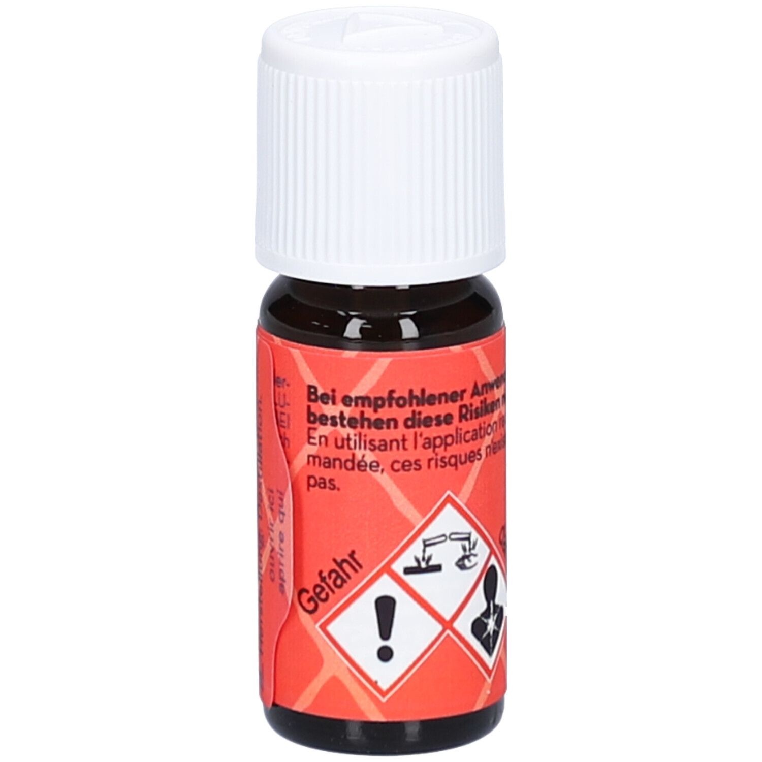 Braune Glasflasche mit weißem Schraubverschluss. Rotes Etikett mit Gefahrensymbolen und Text: Gefahr.