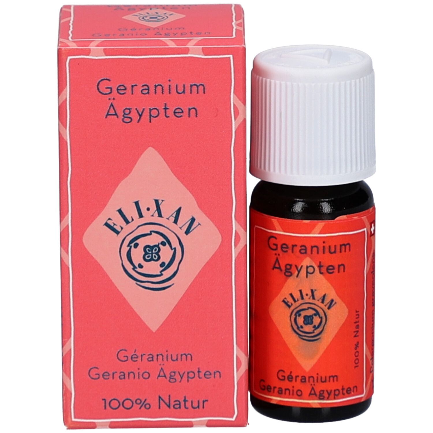 Braune Glasflasche mit weißem Schraubverschluss und rechteckige Verpackung. Rotes Etikett mit Text: Geranium Ägypten, ELIXAN, 100% Natur.